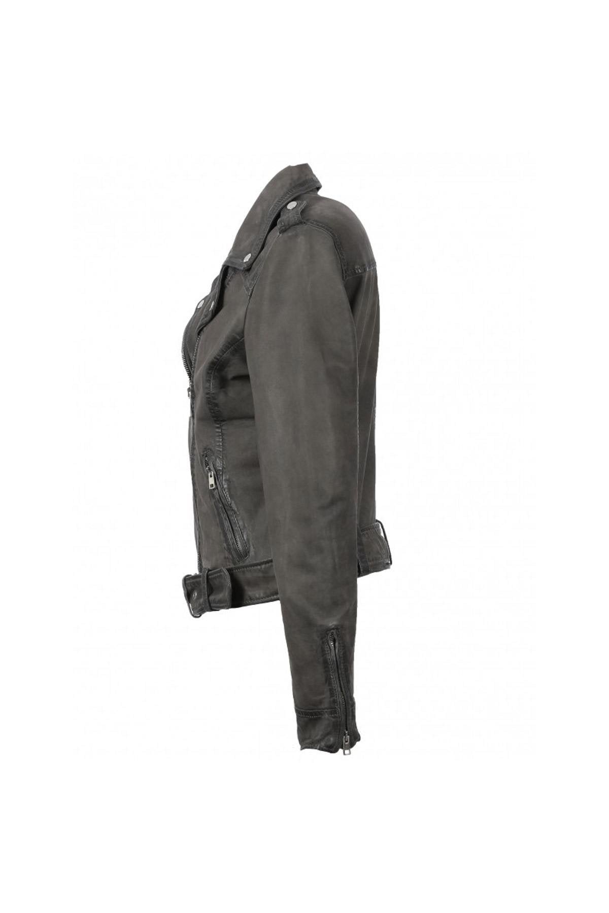 Gray nubuck belted Biker Jacket for women - Image n°3