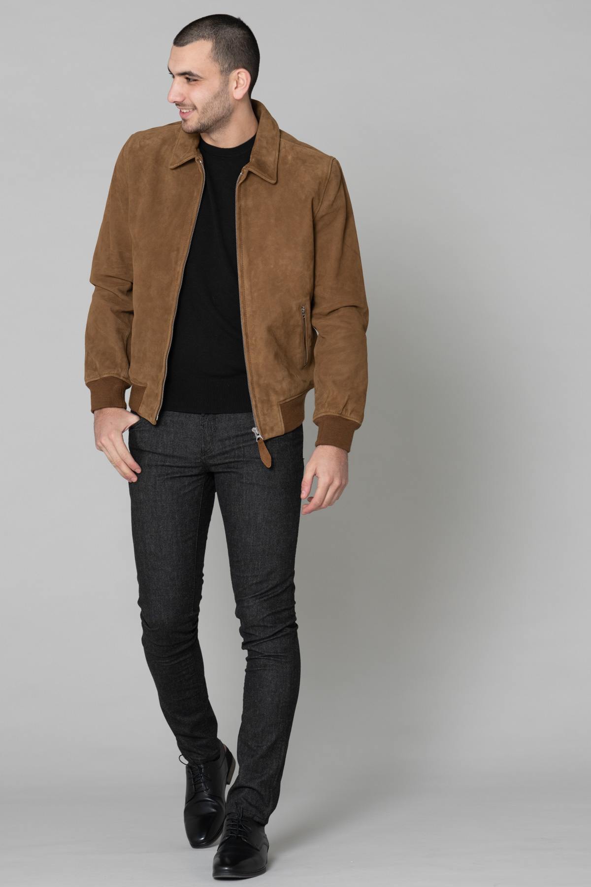 Velvet leather jacket with shirt collar - Image n°2