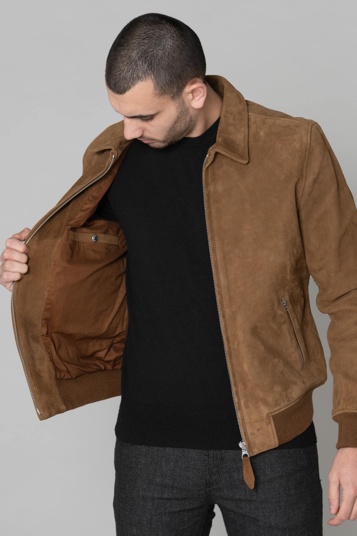 Velvet leather jacket with shirt collar - Image n°7