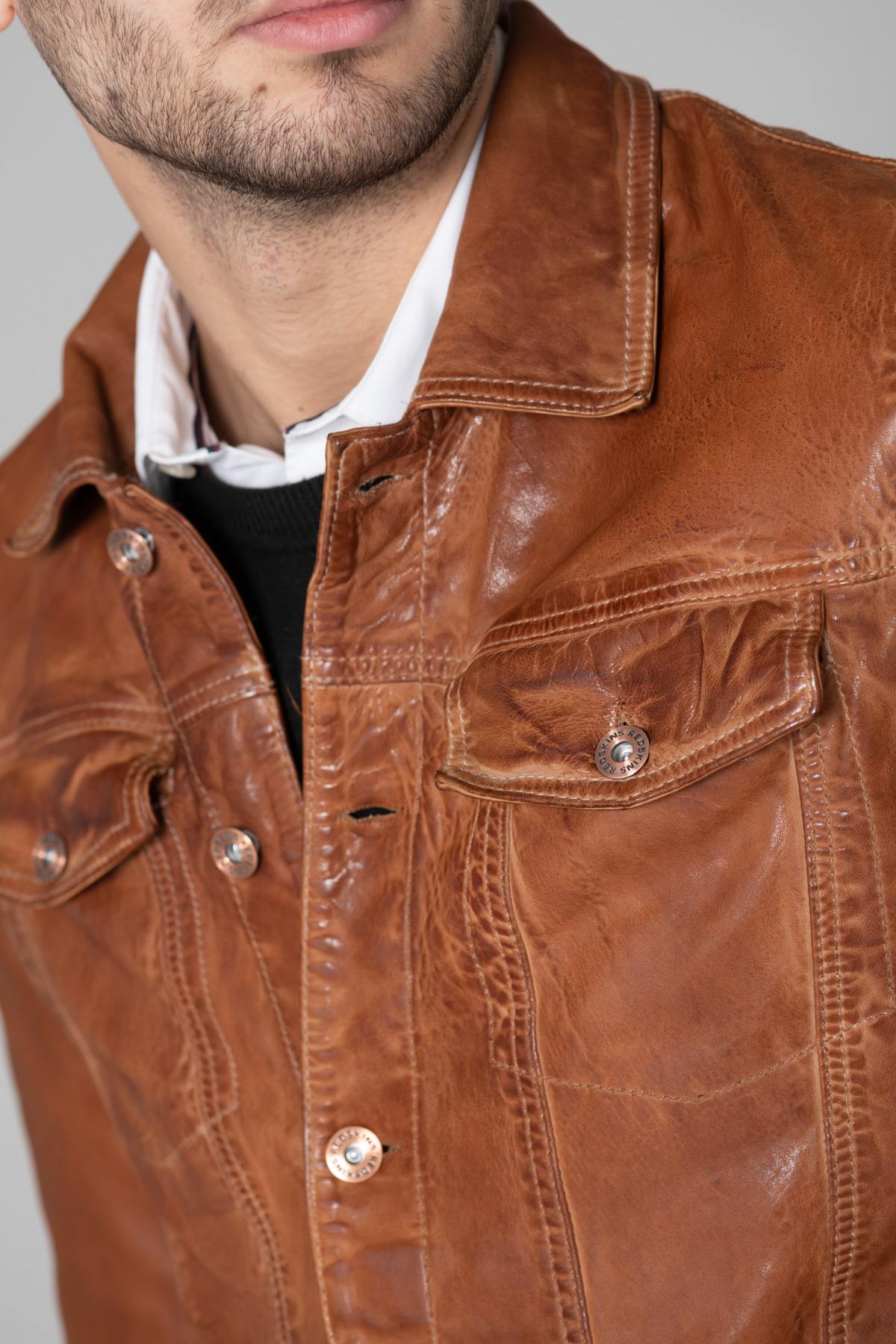 Distressed brown leather jacket with flap collar - Image n°6