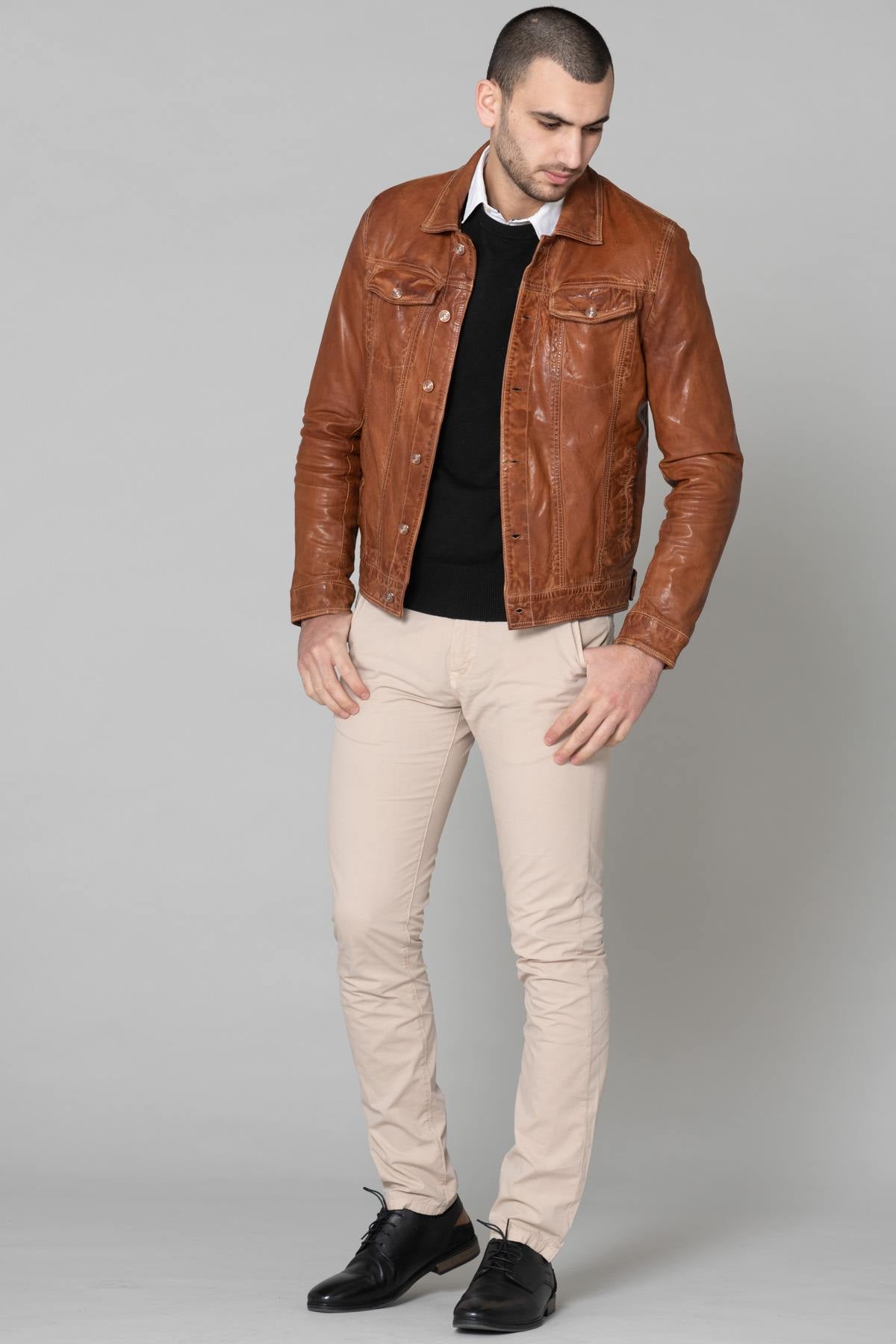 Distressed brown leather jacket with flap collar - Image n°2