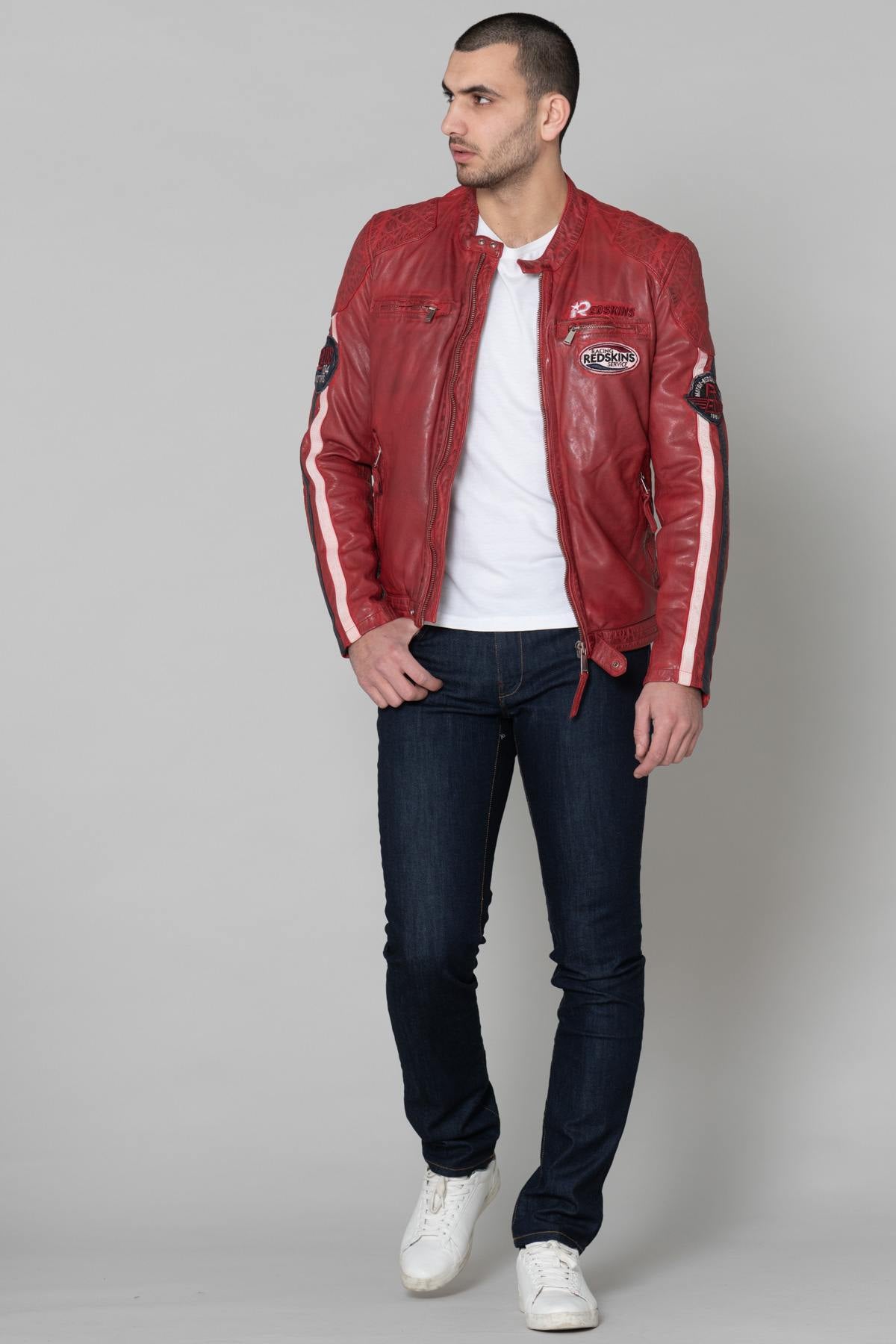 Red leather jacket with biker patches - Image n°2