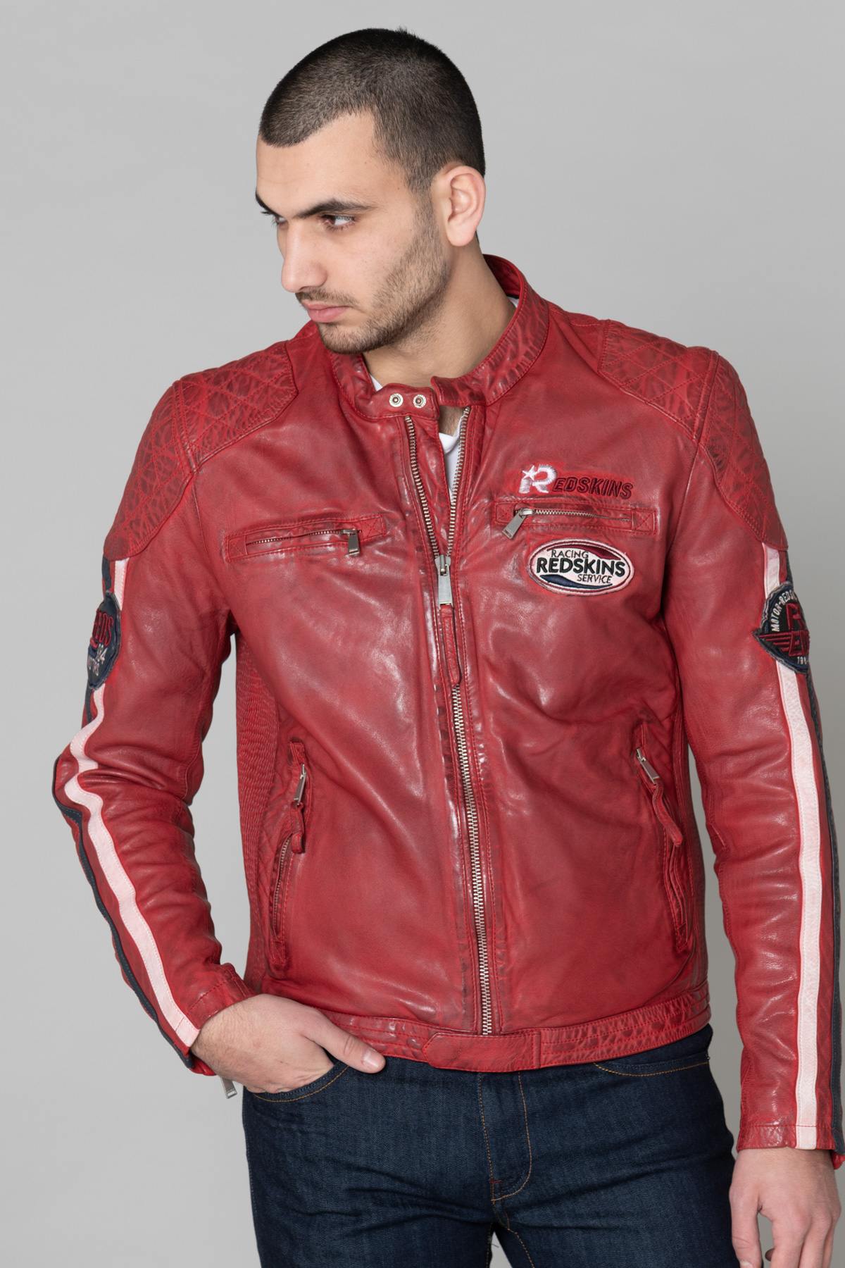 Red leather jacket with biker patches - Image n°1