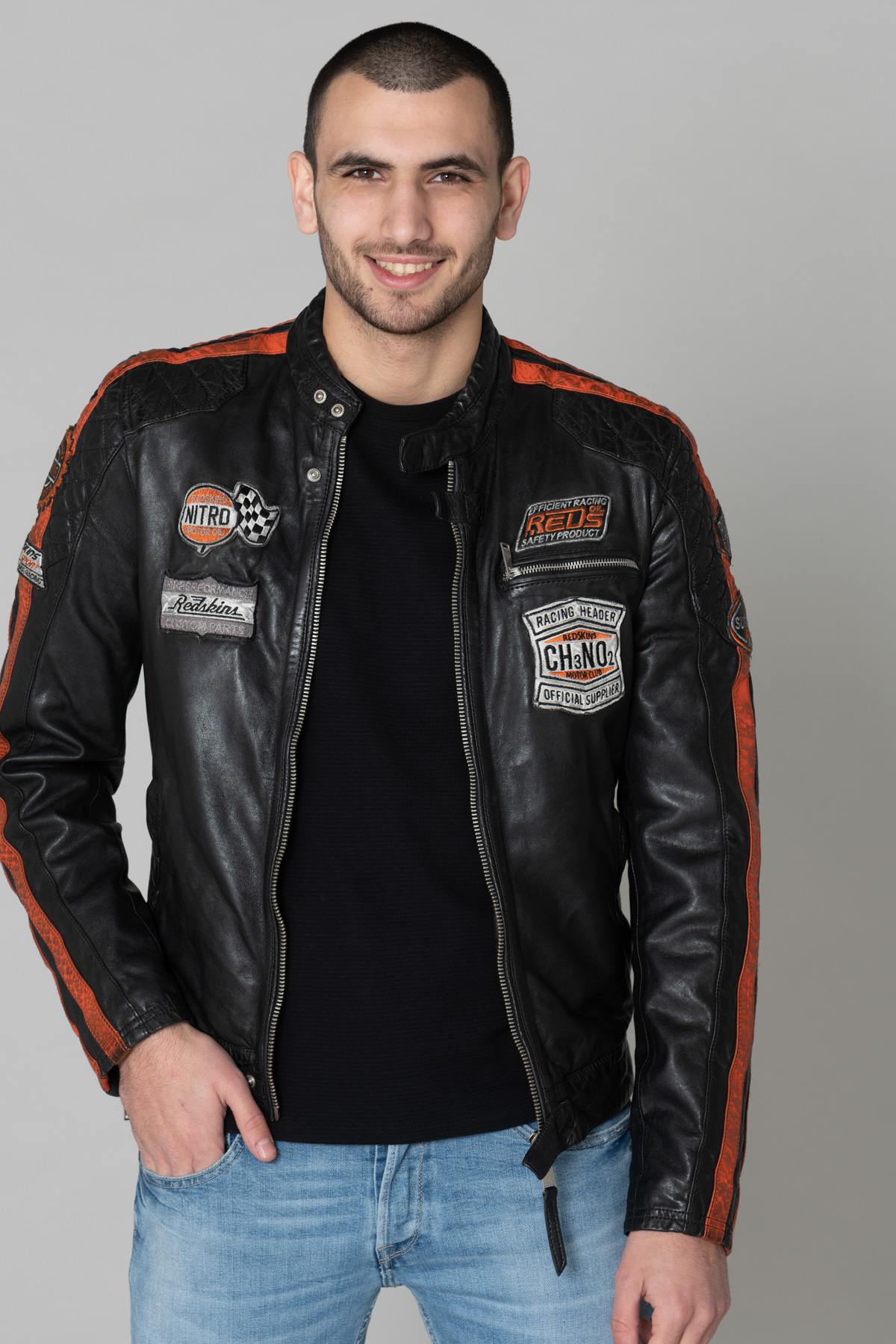 Black leather biker jacket with patches - Image n°3