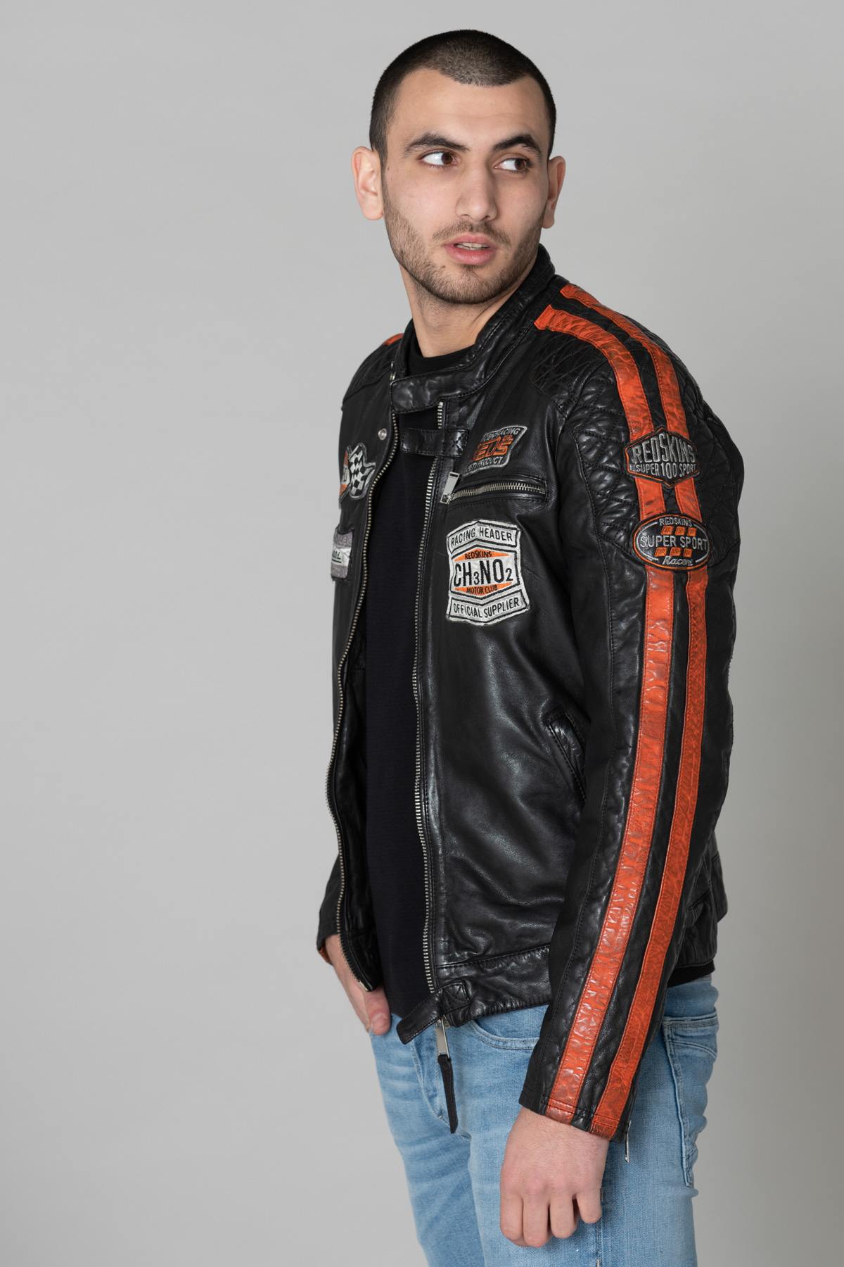 Black leather biker jacket with patches - Image n°4