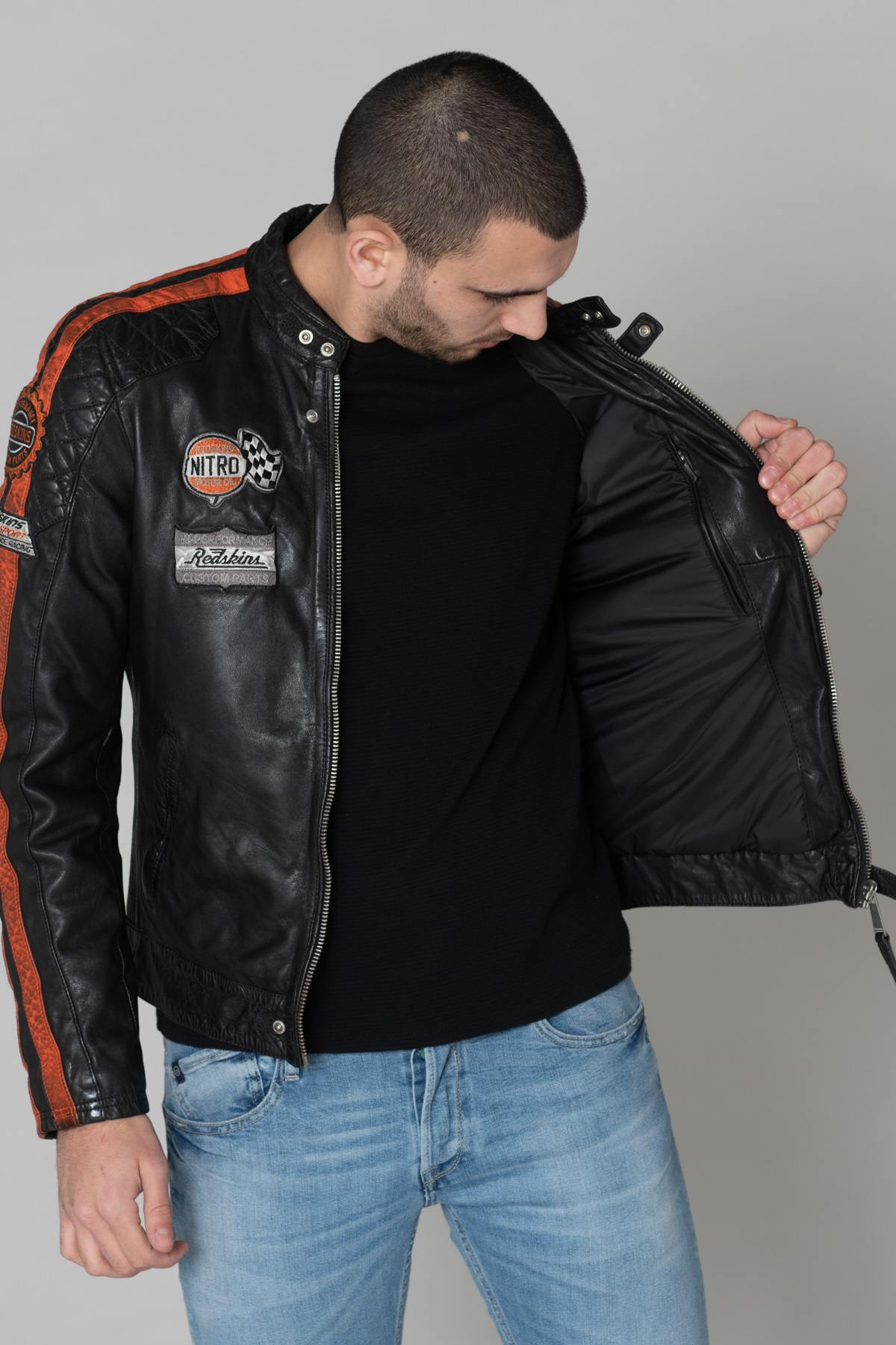 Black leather biker jacket with patches - Image n°5