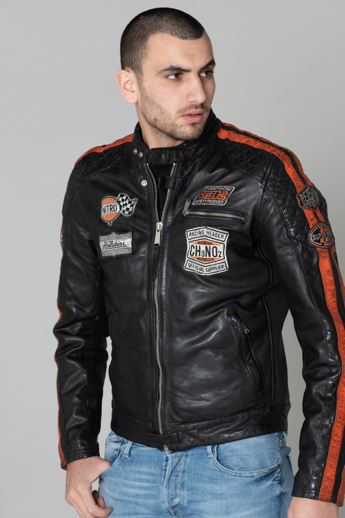 Black leather biker jacket with patches - Image n°6