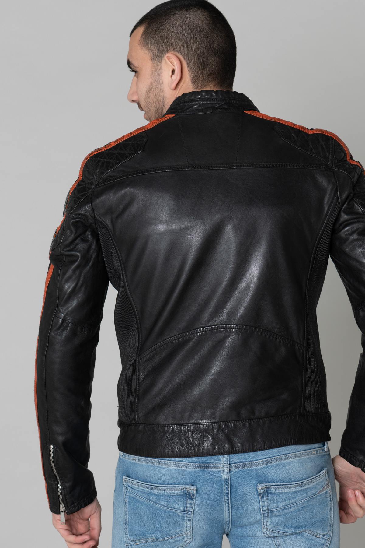 Black leather biker jacket with patches - Image n°7