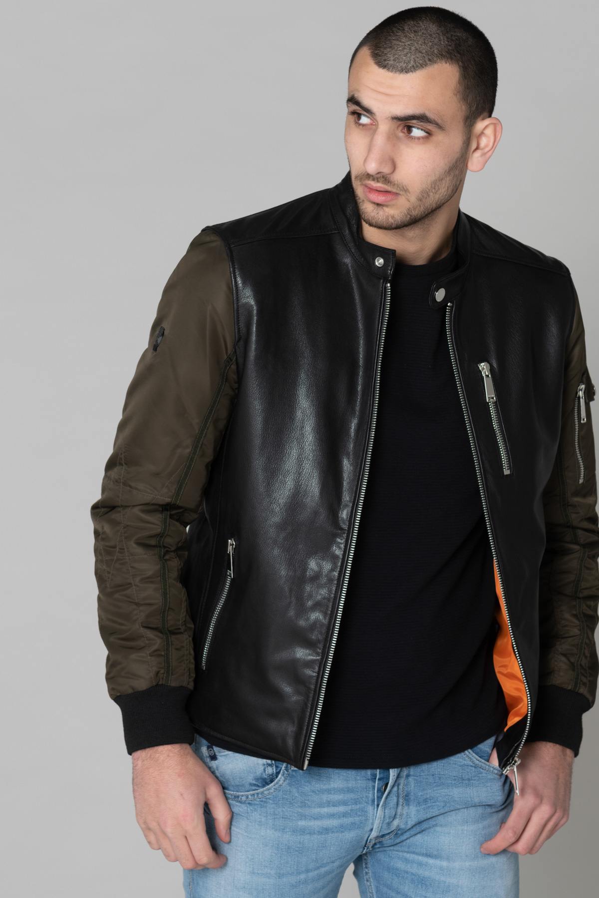 Bi-material bomber with orange lining - Image n°1