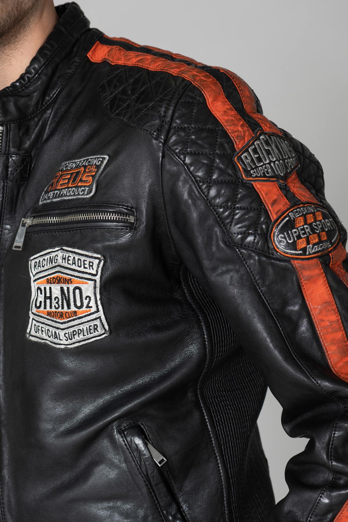 Black leather biker jacket with patches - Image n°8