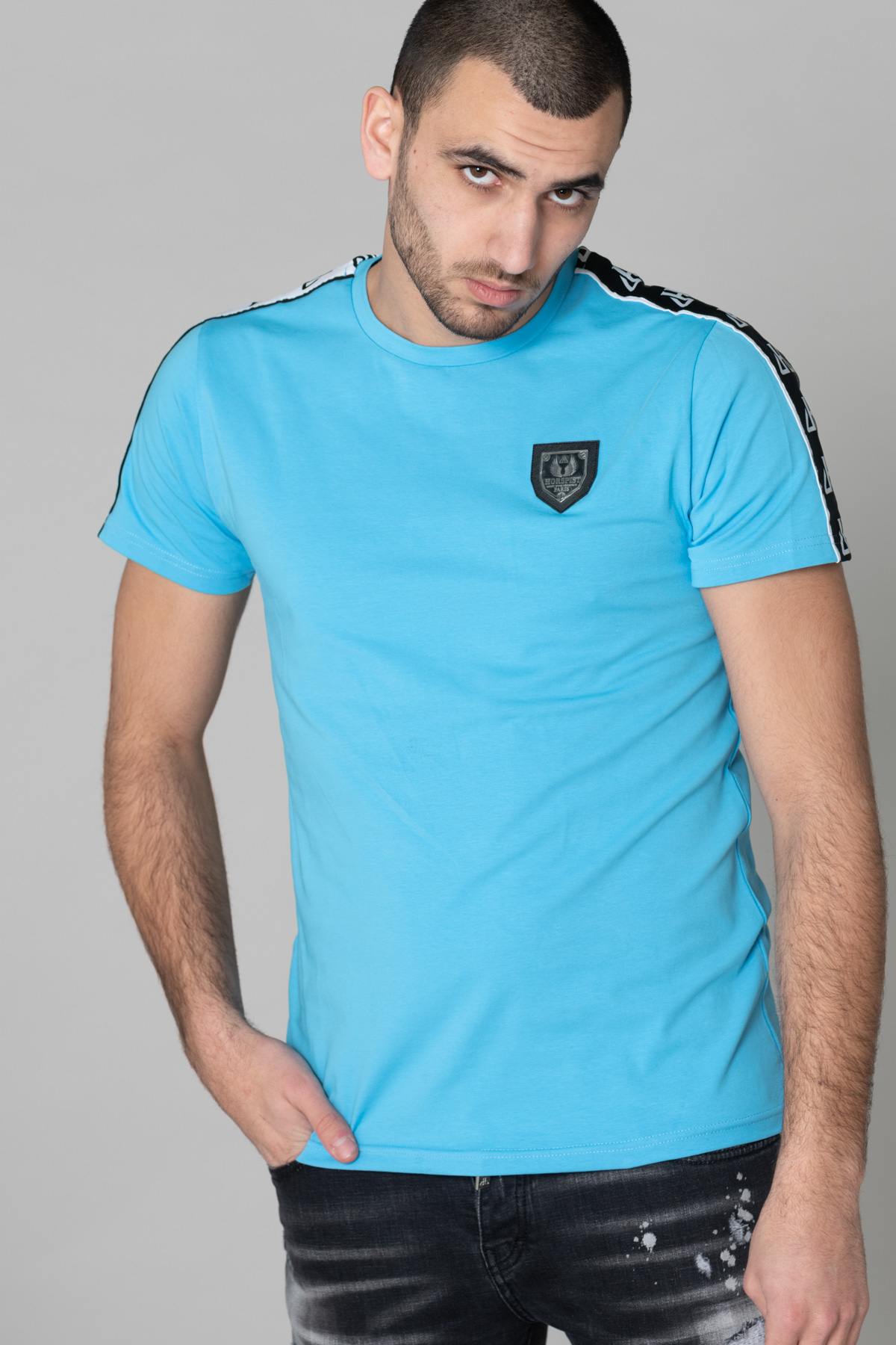 Turquoise blue t-shirt with shoulder edging - Image n°3