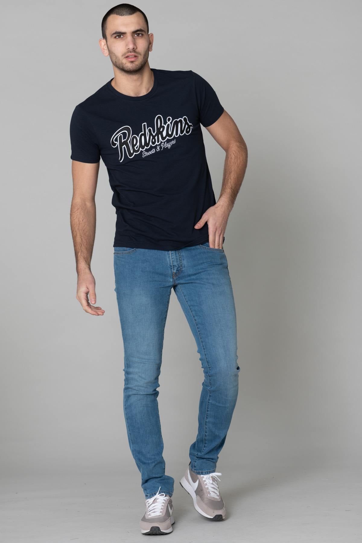 Navy blue round-neck T-shirt with logo - Image n°2