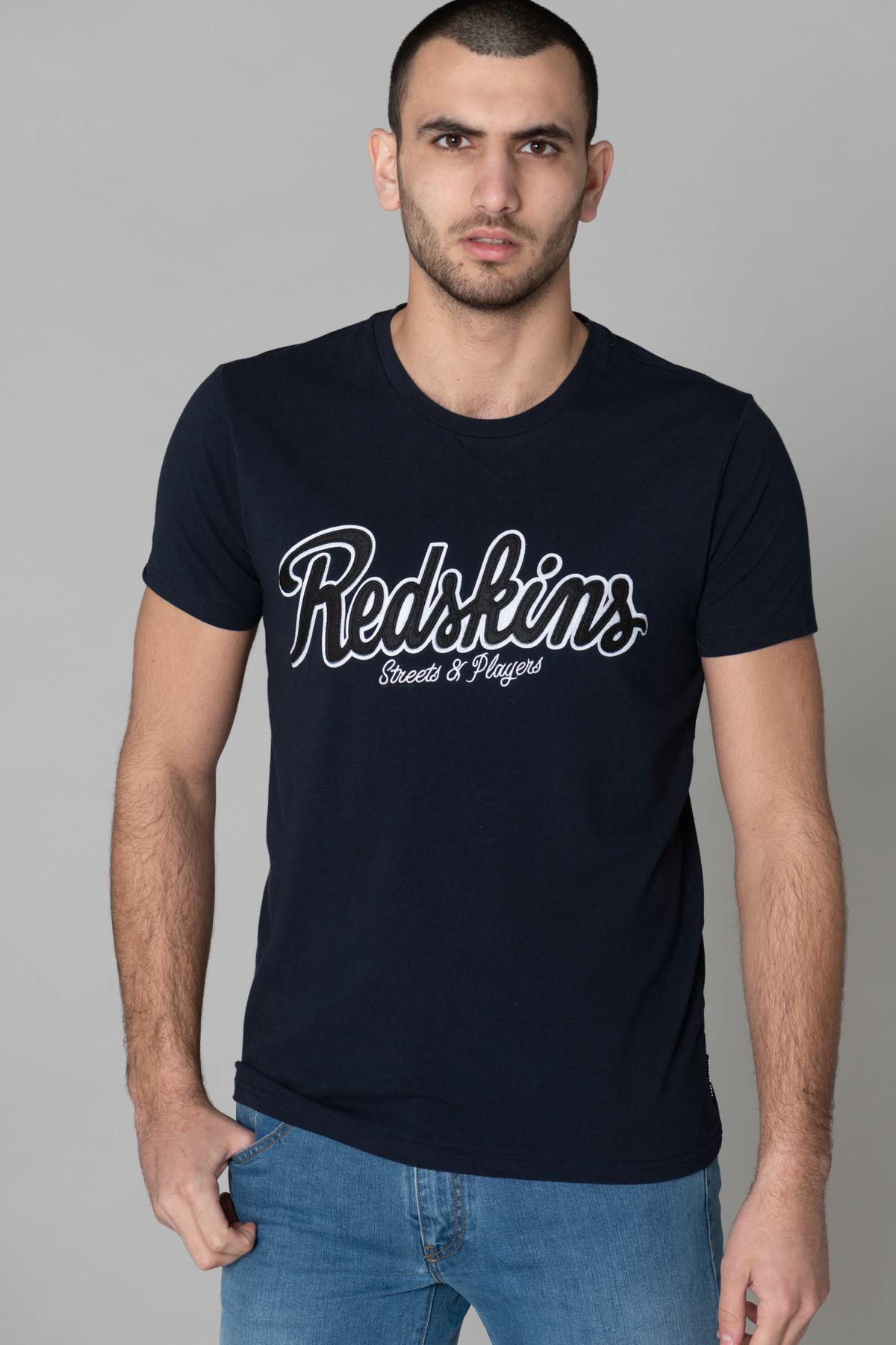 Navy blue round-neck T-shirt with logo - Image n°1