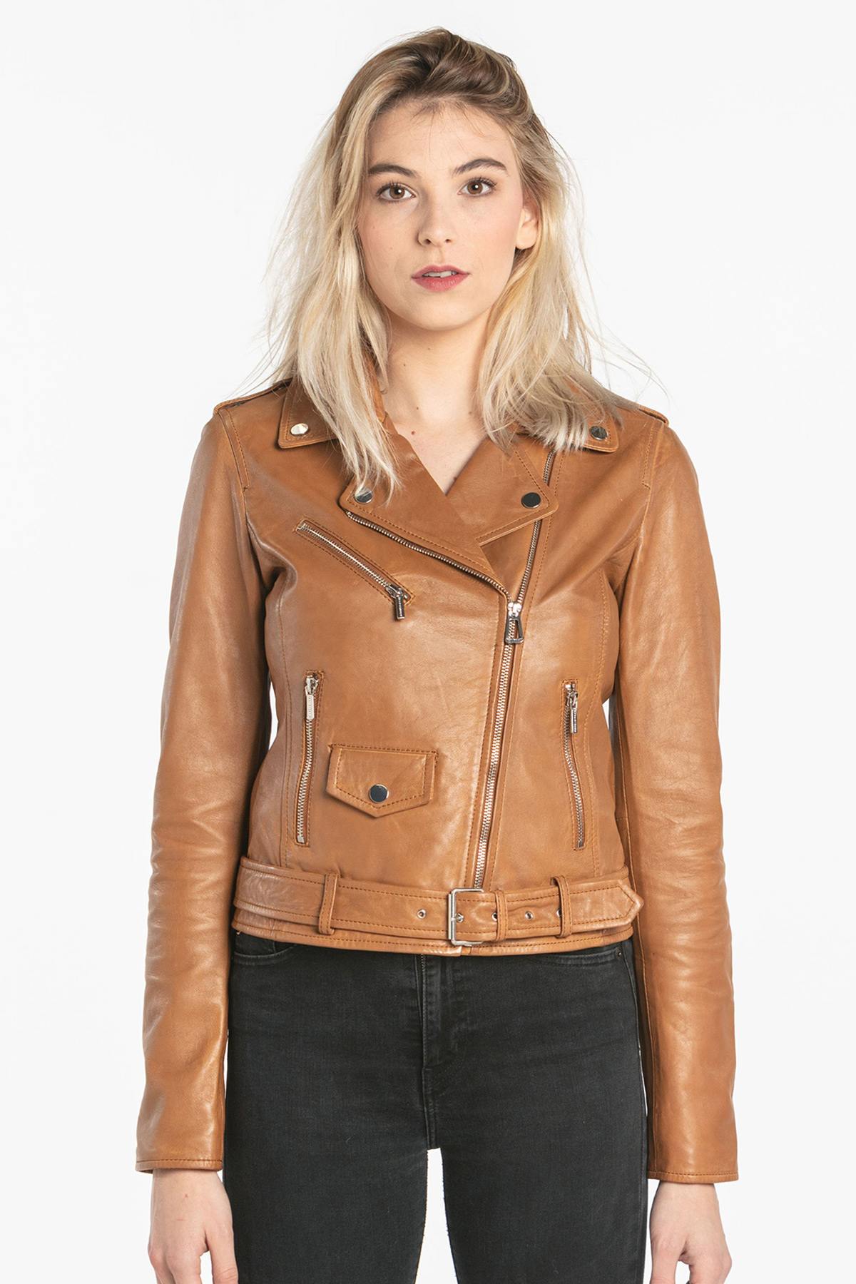 Women's cognac lambskin perfecto - Image n°2