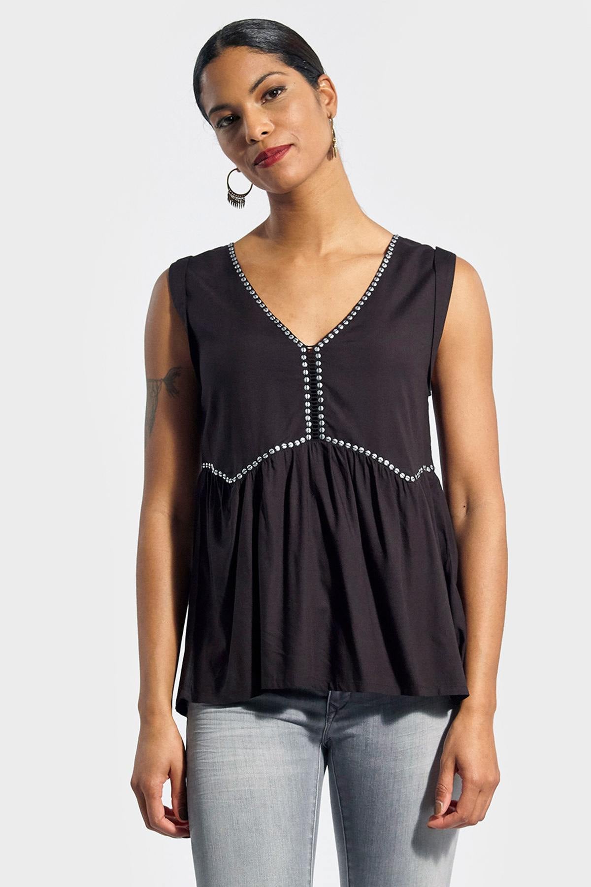 Women's black V-neck tank top - Image n°1