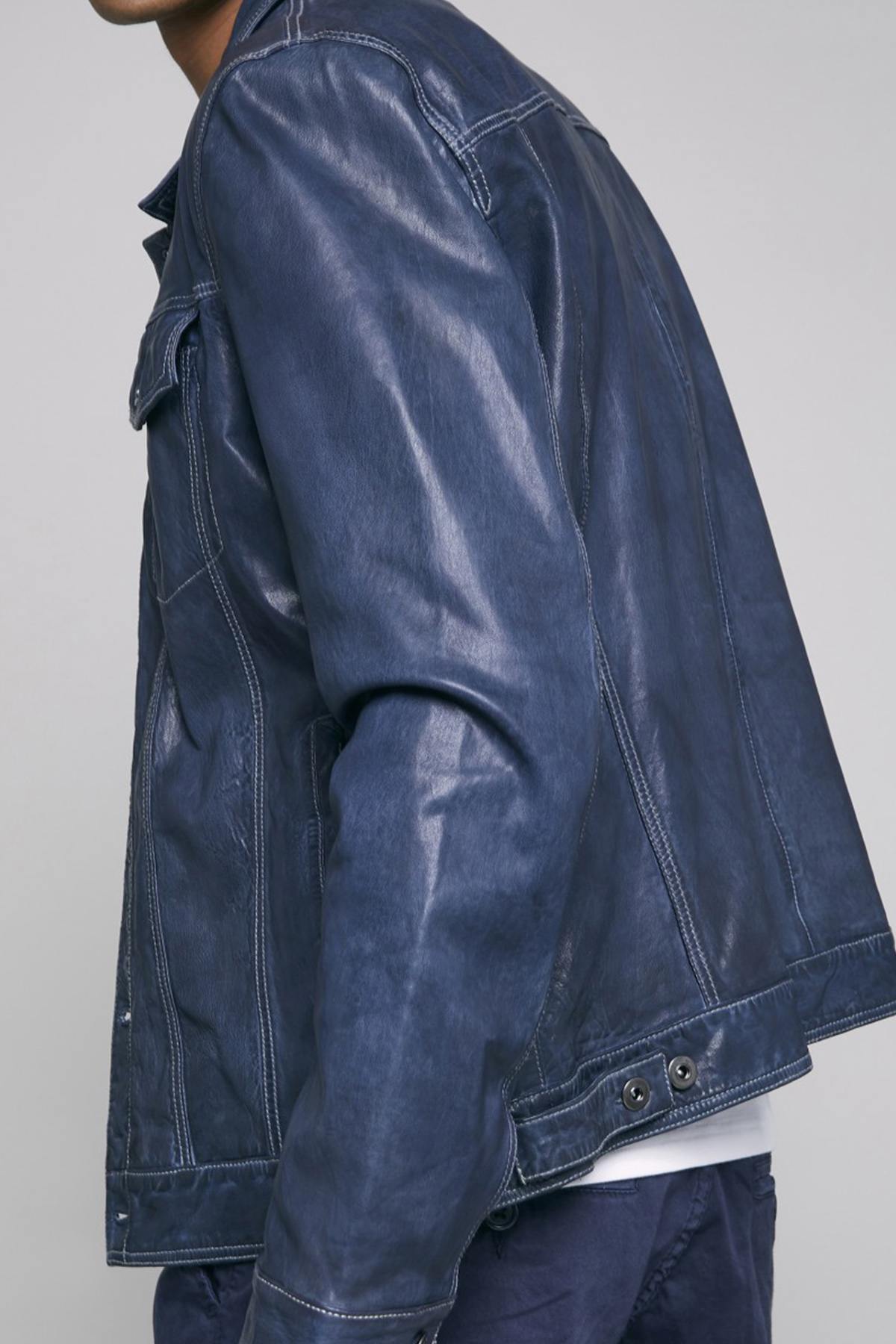 Blue leather jacket with retro shirt collar - Image n°6