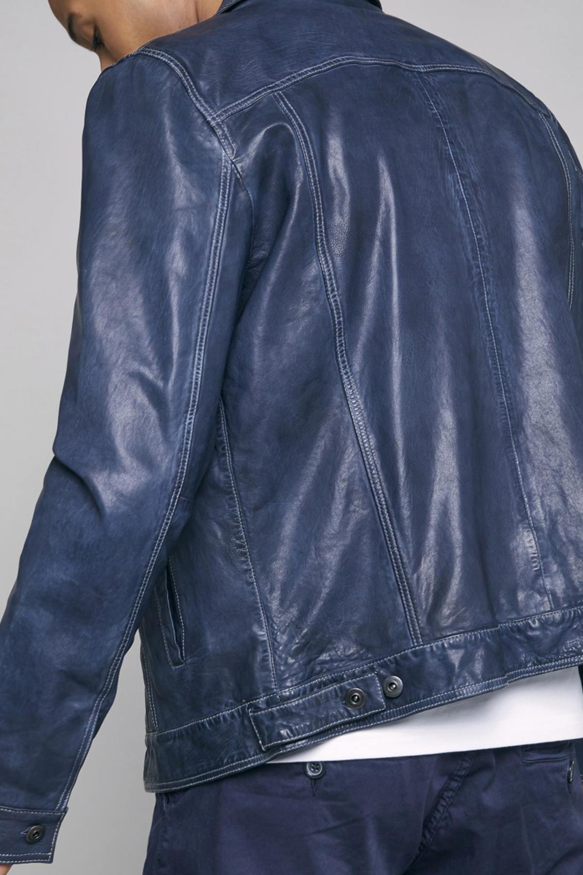 Blue leather jacket with retro shirt collar - Image n°2