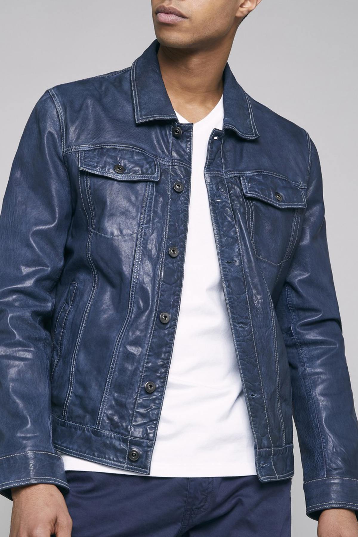 Blue leather jacket with retro shirt collar - Image n°3