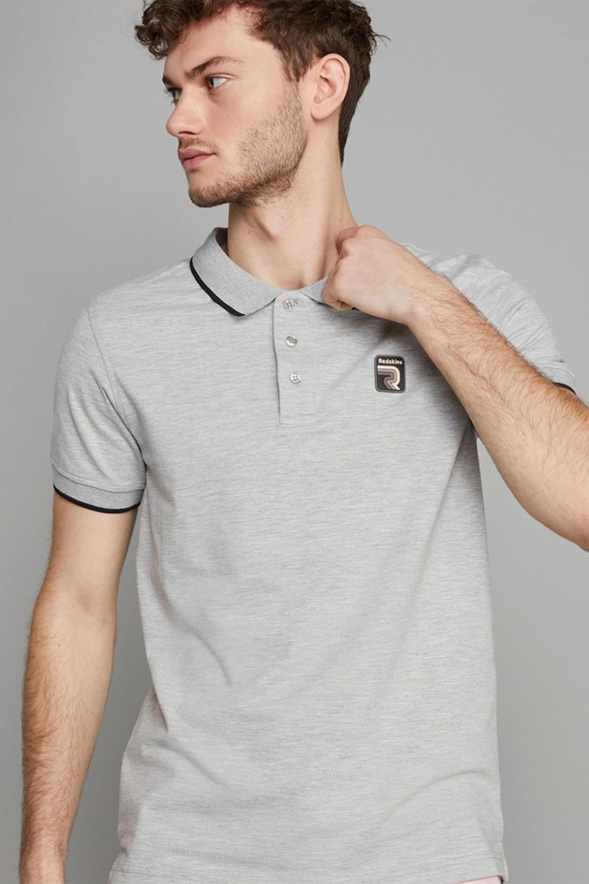 Heather gray polo shirt with black piping - Image n°1