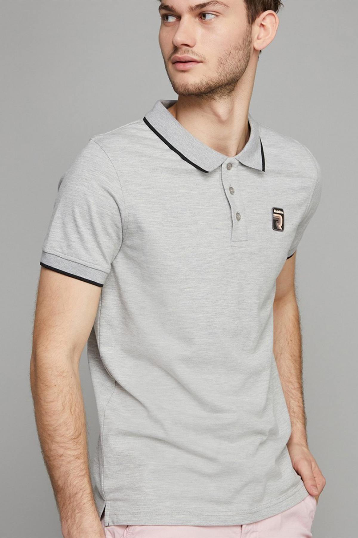 Heather gray polo shirt with black piping - Image n°3