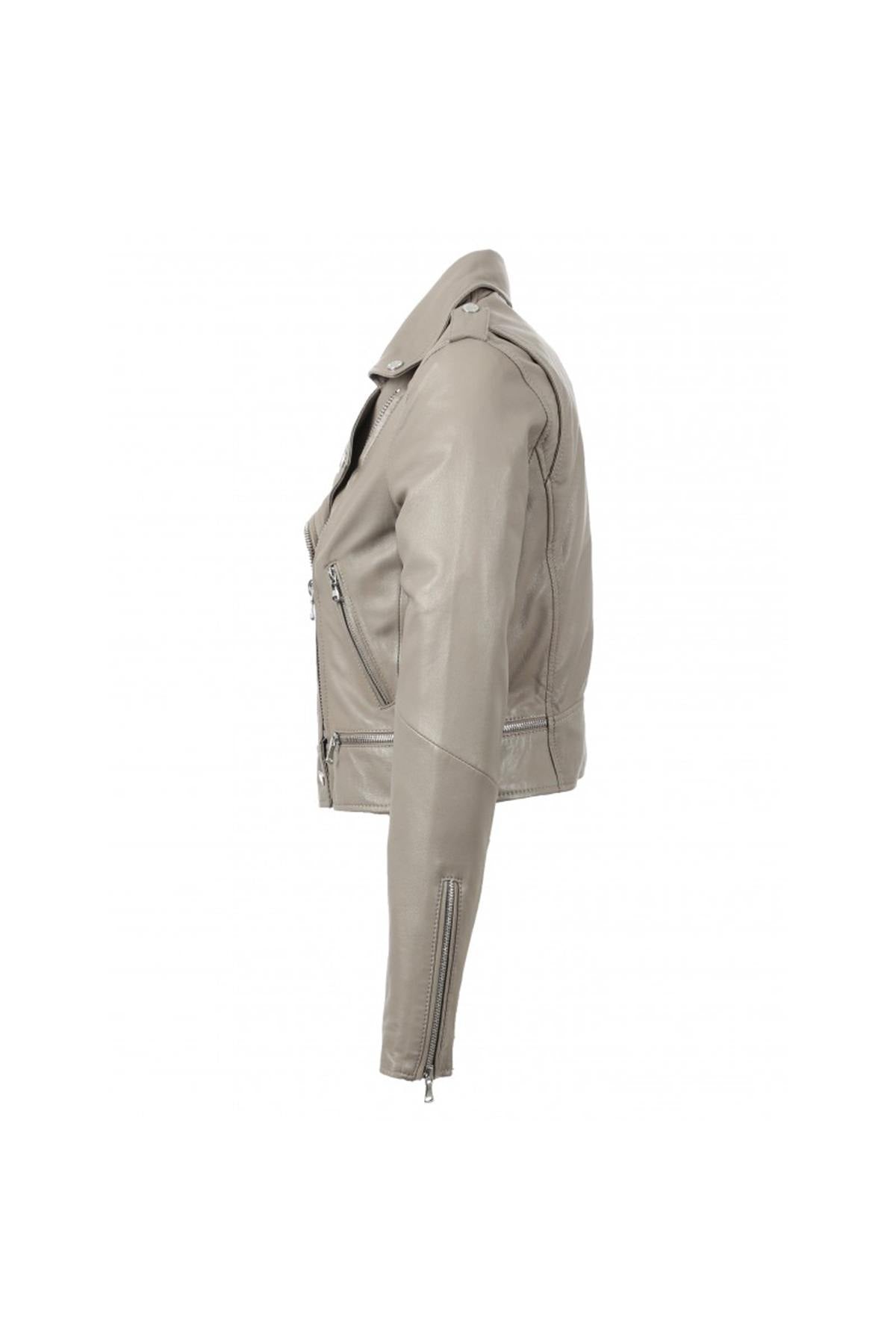 Short Biker Jacket in beige smooth leather - Image n°10