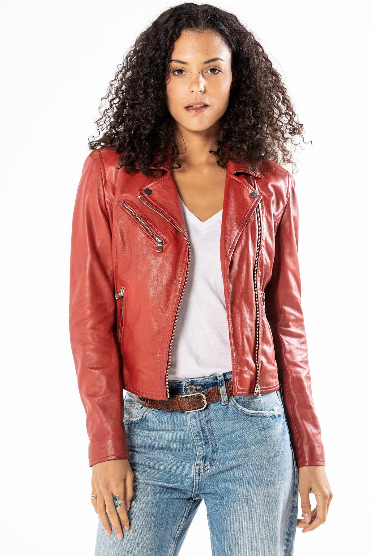 Shiny red Biker Jacket for women - Image n°1