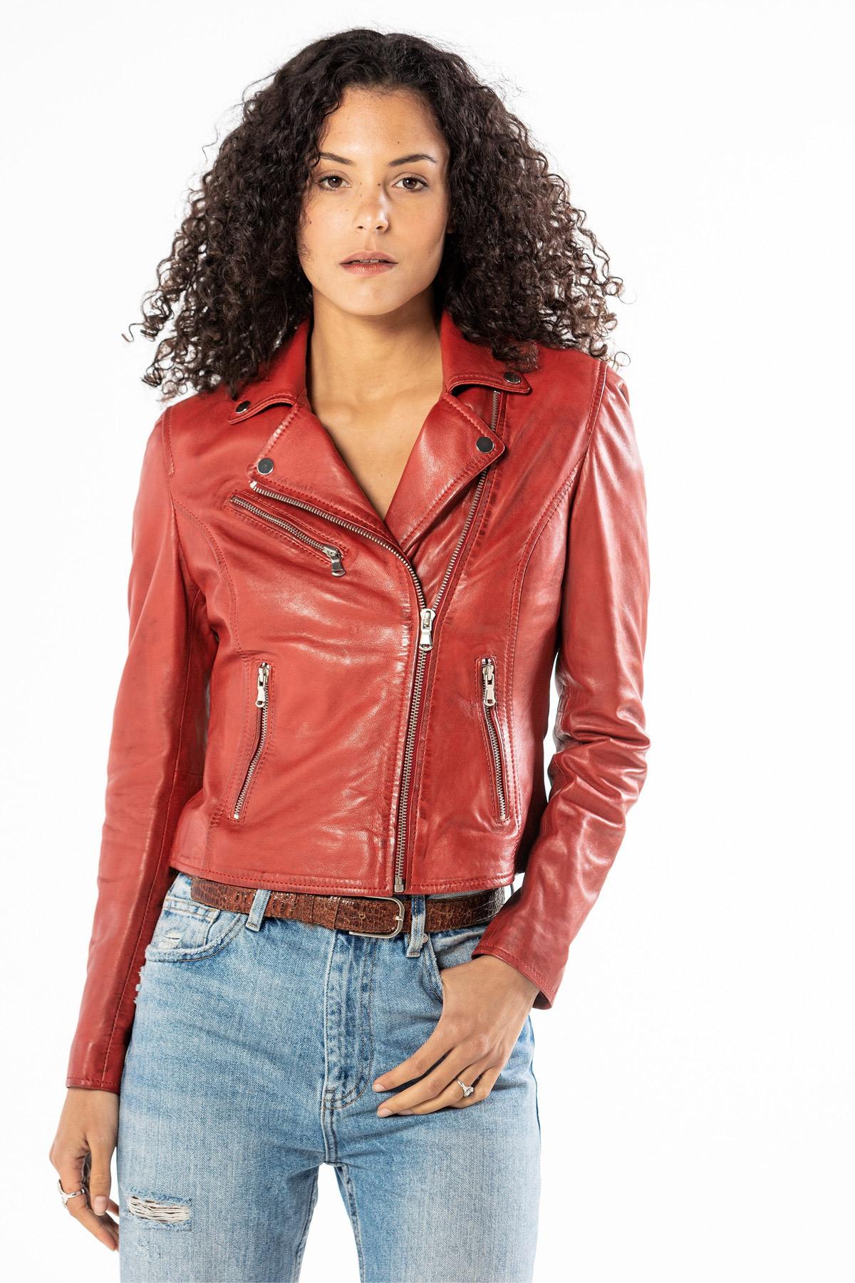 Shiny red Biker Jacket for women - Image n°3