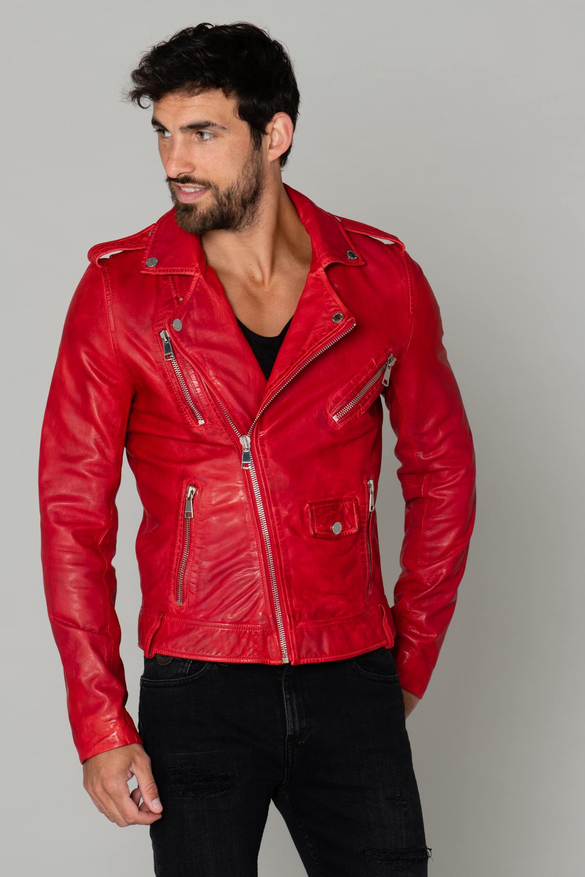 Men's red leather perfecto - Image n°3