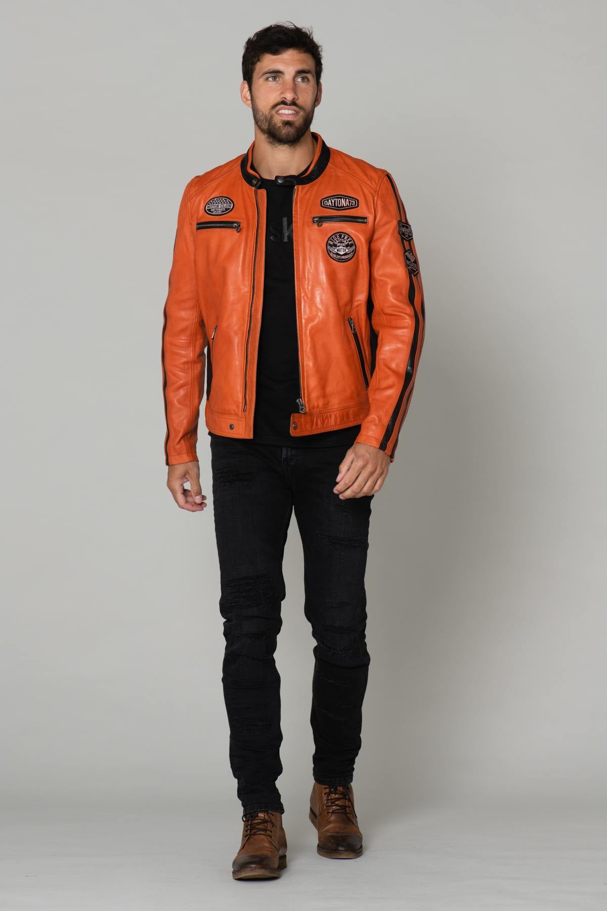 Orange and black leather biker jacket with patches - Image n°2