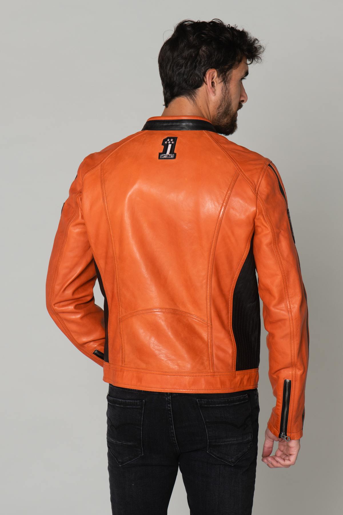 Orange and black leather biker jacket with patches - Image n°3