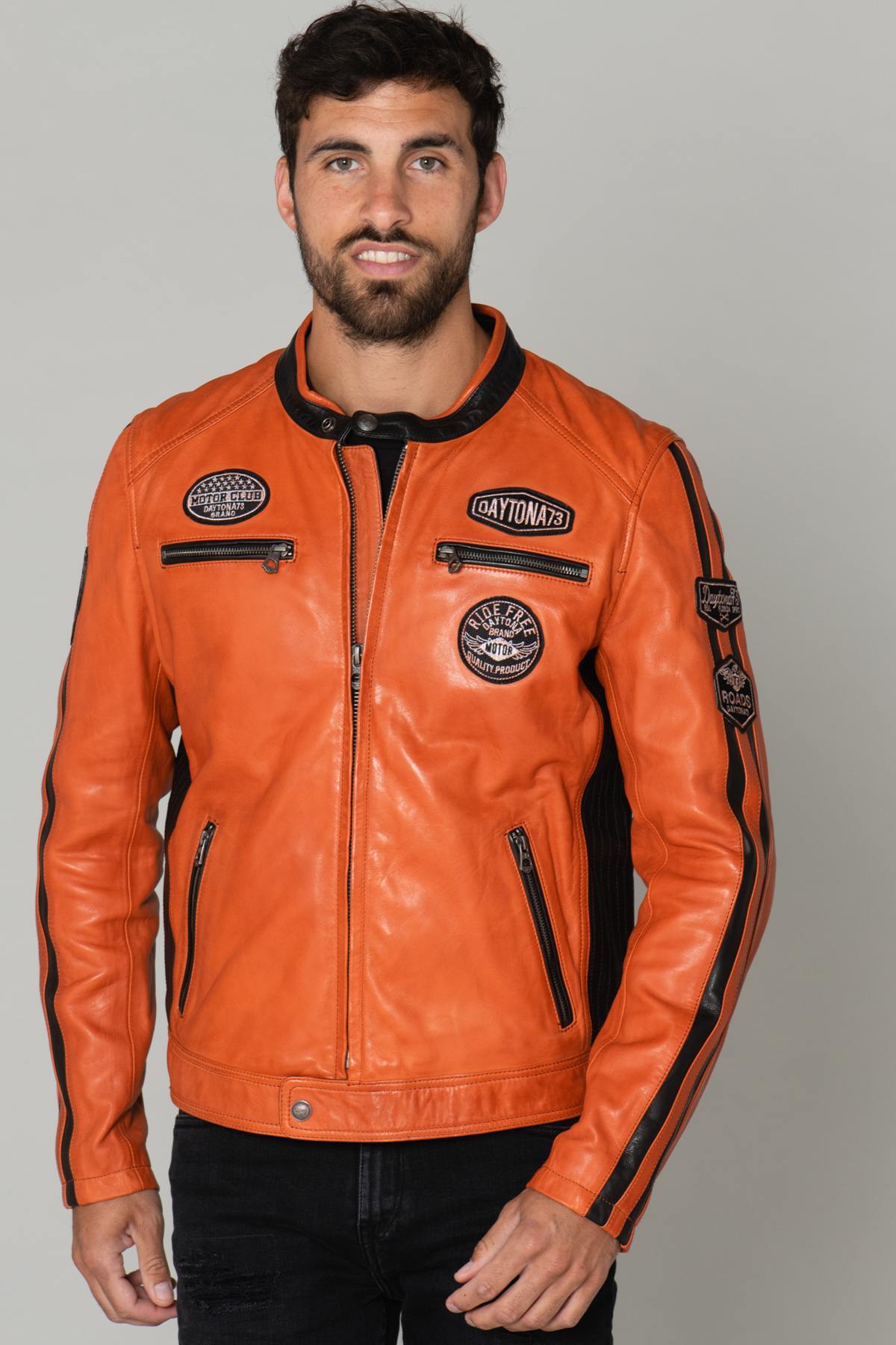 Orange and black leather biker jacket with patches - Image n°4