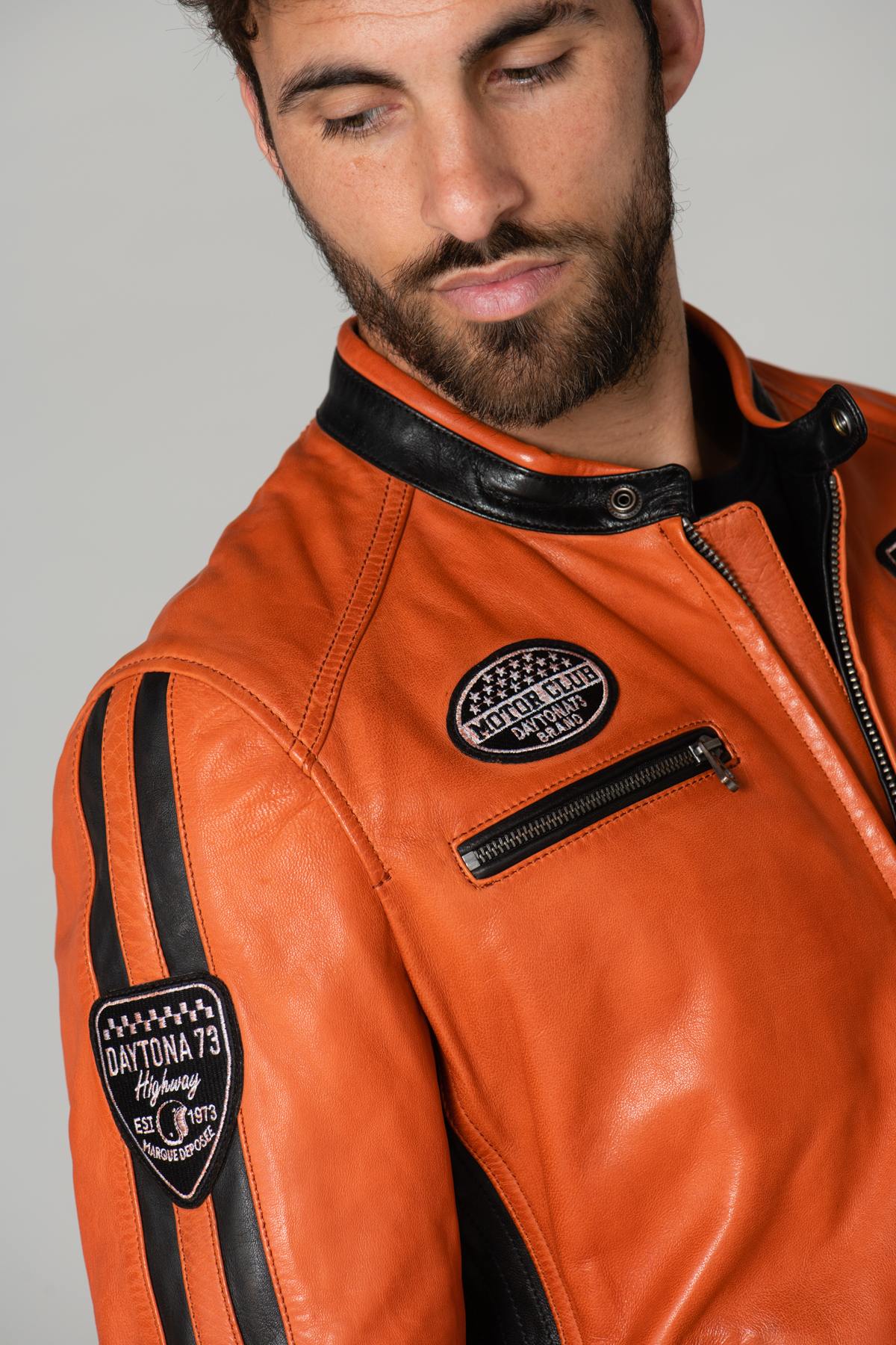 Orange and black leather biker jacket with patches - Image n°7