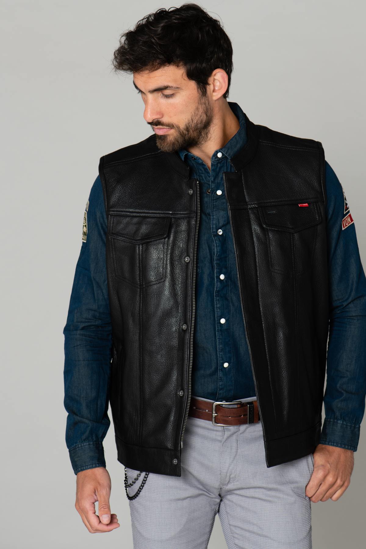 Cafe racer type leather biker vest - Image n°2