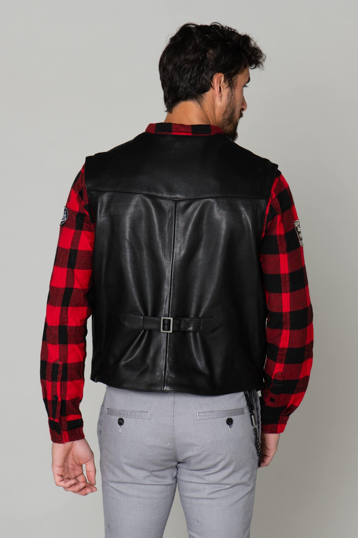 Leather biker vest with back strap - Image n°6