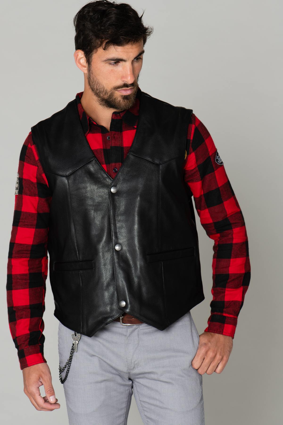 Leather biker vest with back strap - Image n°3