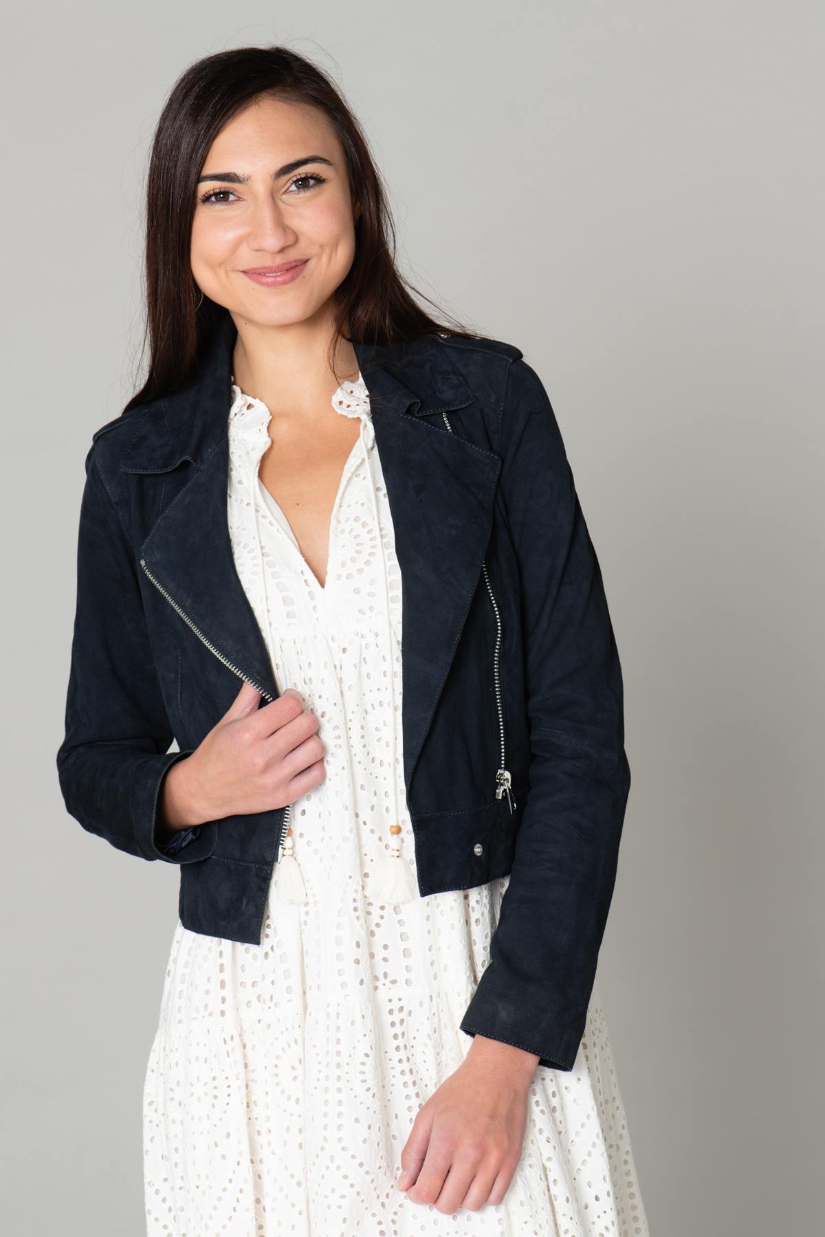 Navy blue suede leather Biker Jacket - Image n°2