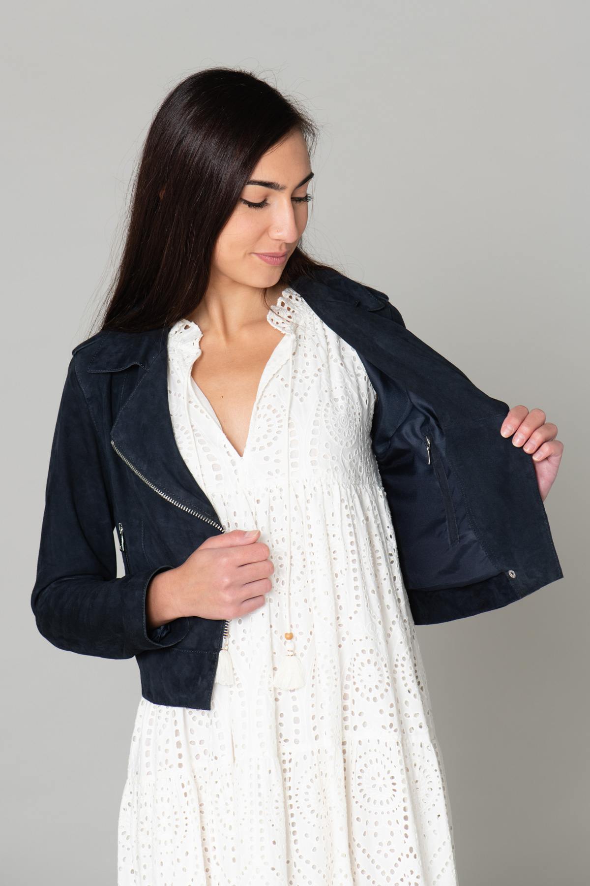 Navy blue suede leather Biker Jacket - Image n°7