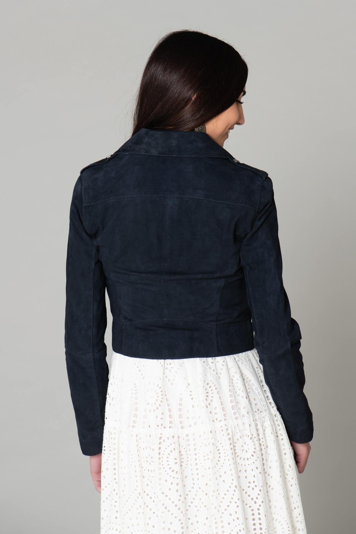 Navy blue suede leather Biker Jacket - Image n°6