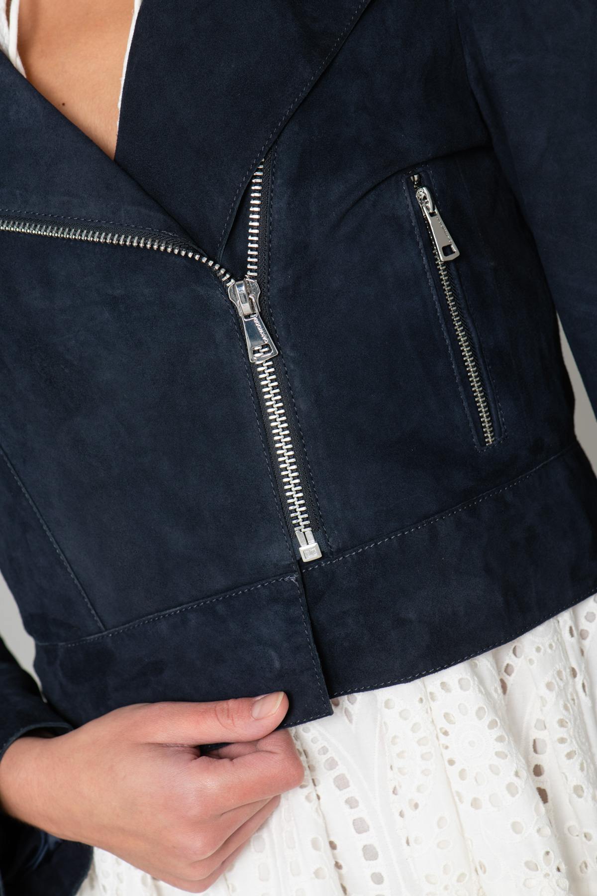 Navy blue suede leather Biker Jacket - Image n°5