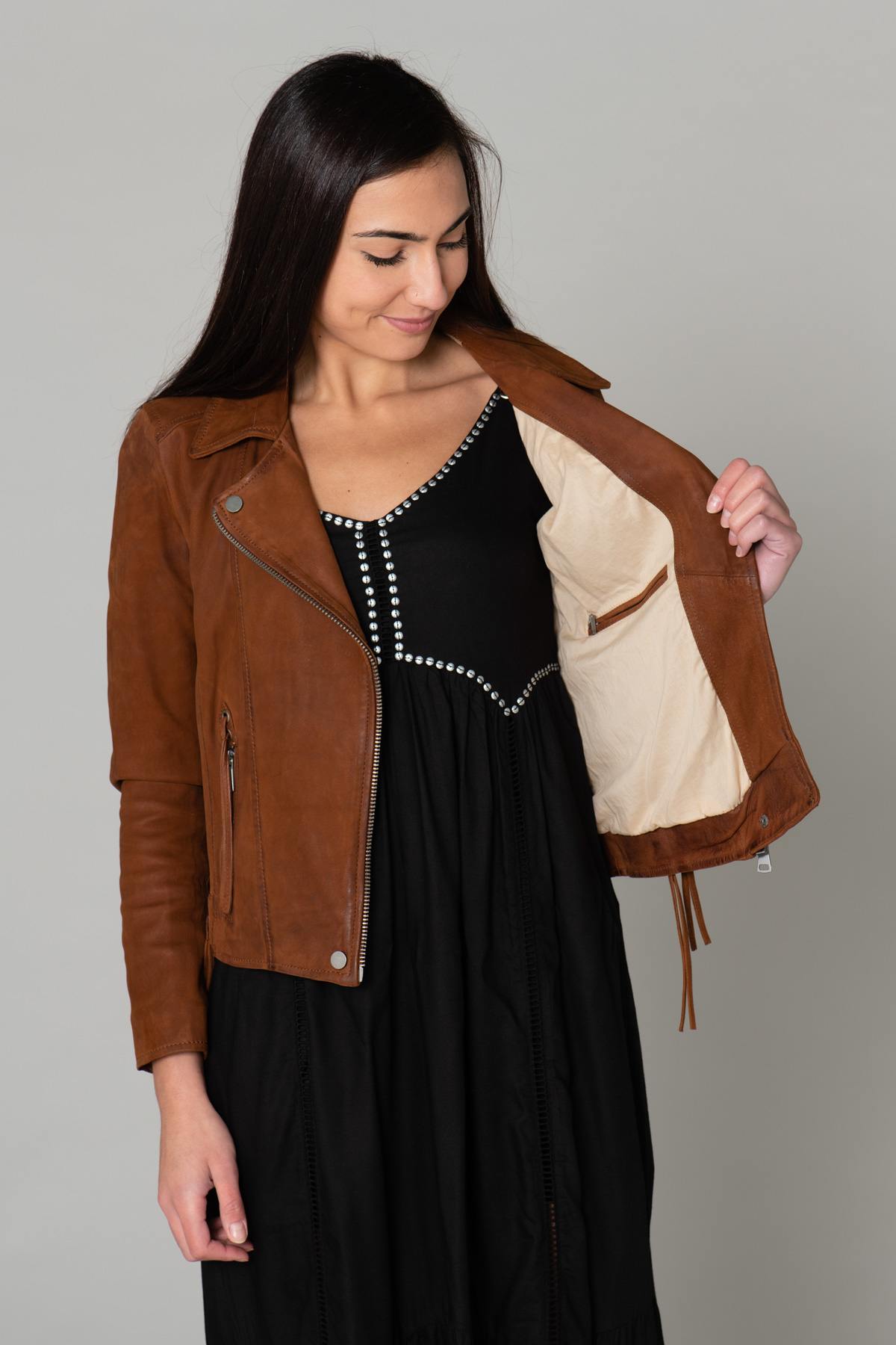 Brown suede leather Biker Jacket - Image n°7