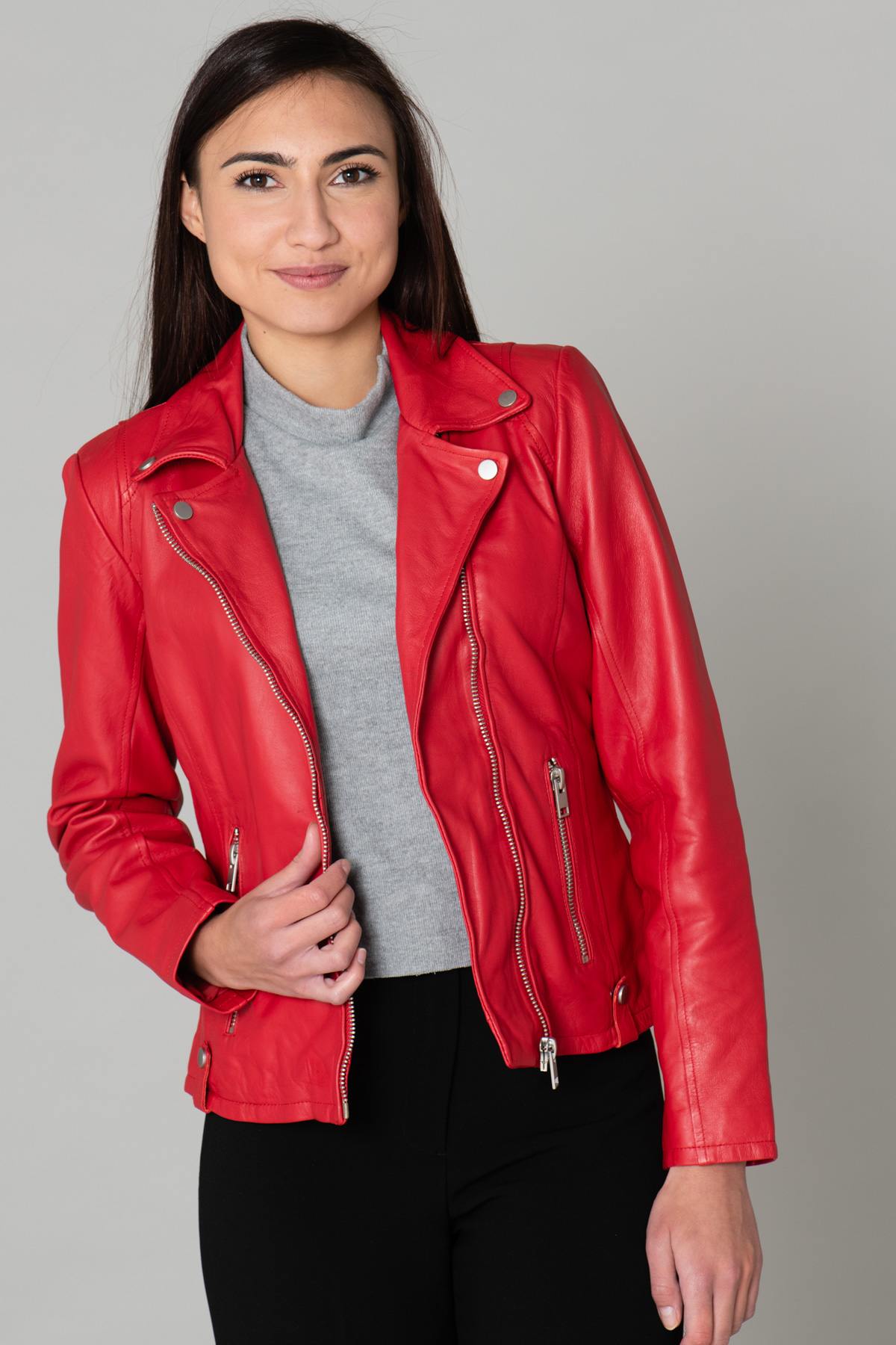 Women's red leather Biker Jacket - Image n°1