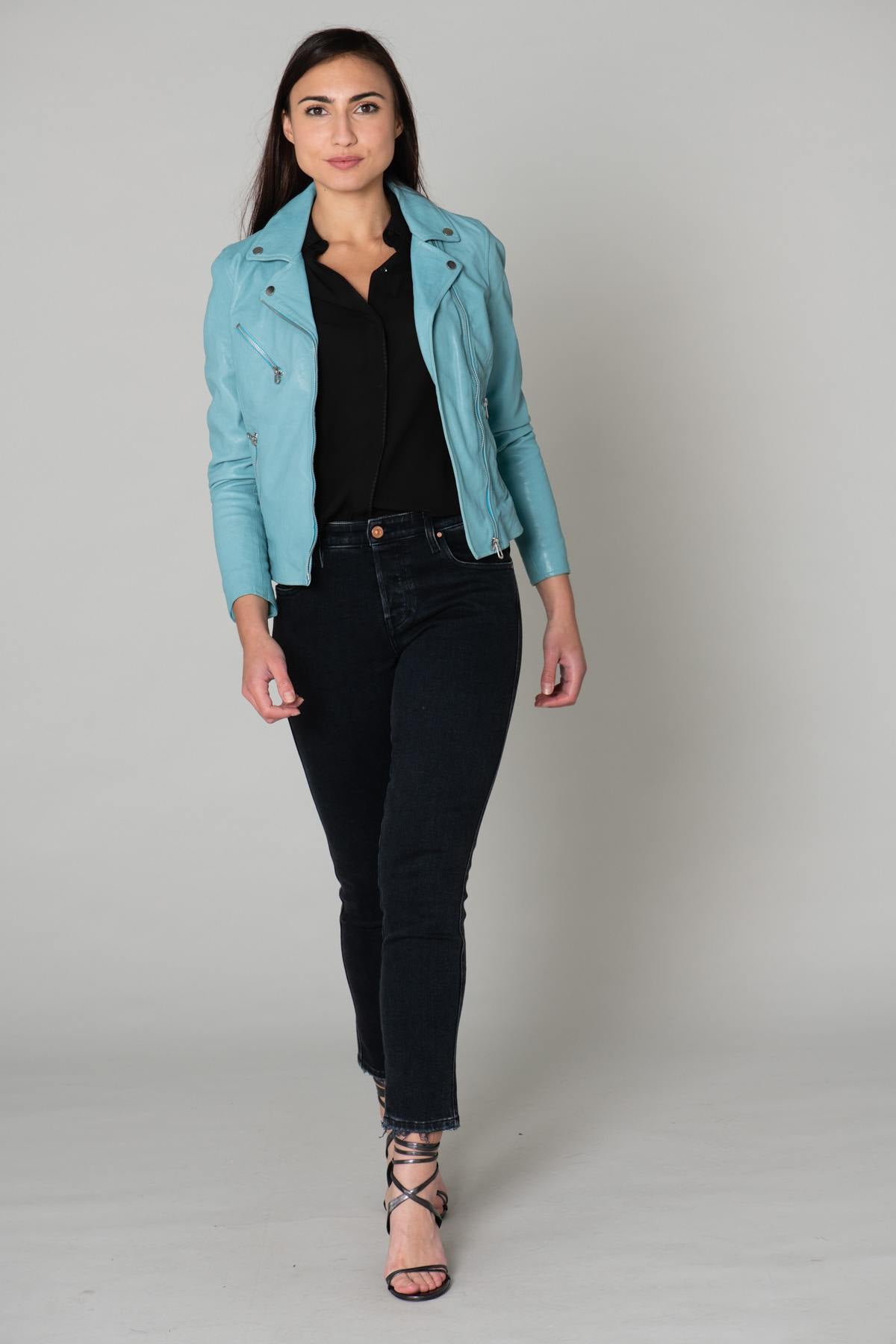 Biker Jacket in light blue lambskin - Image n°2