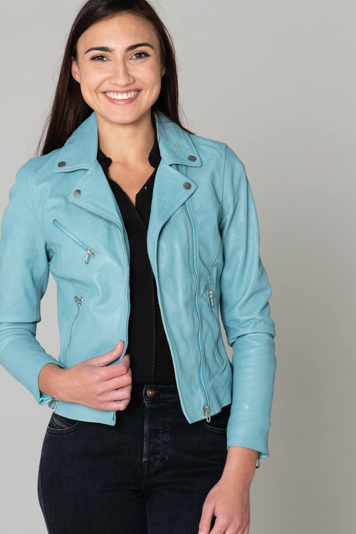 Biker Jacket in light blue lambskin - Image n°1