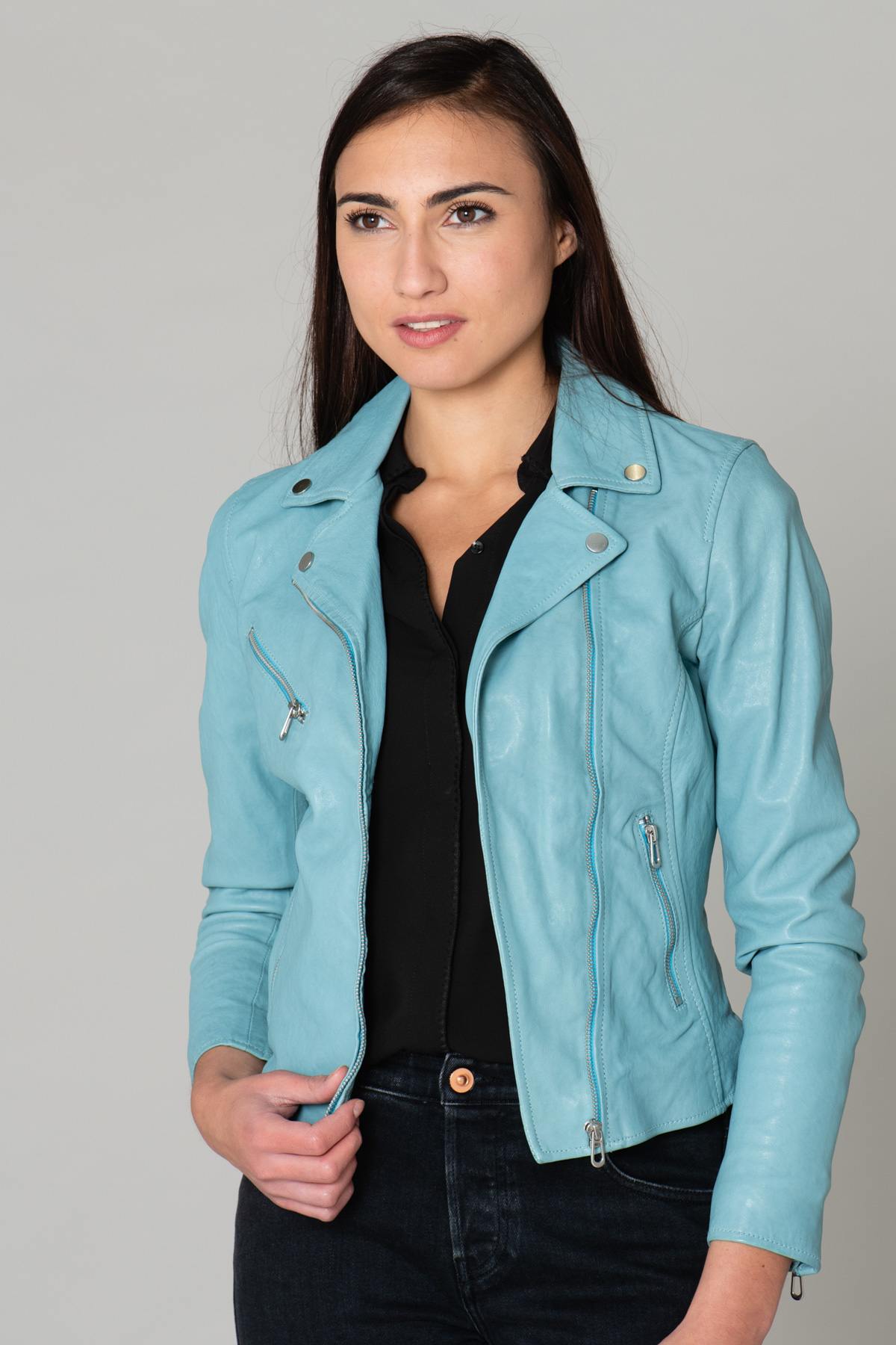 Biker Jacket in light blue lambskin - Image n°4