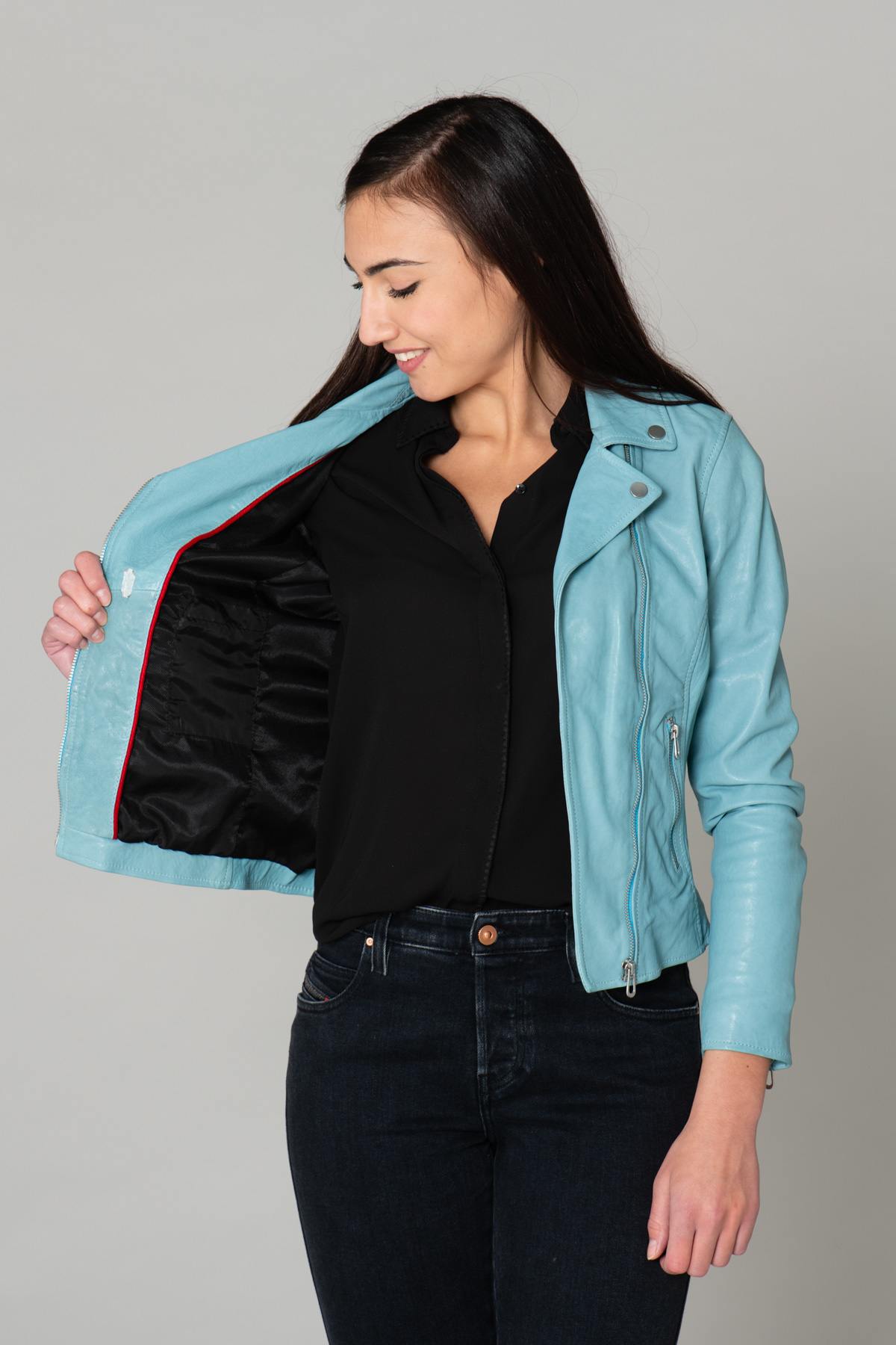 Biker Jacket in light blue lambskin - Image n°5