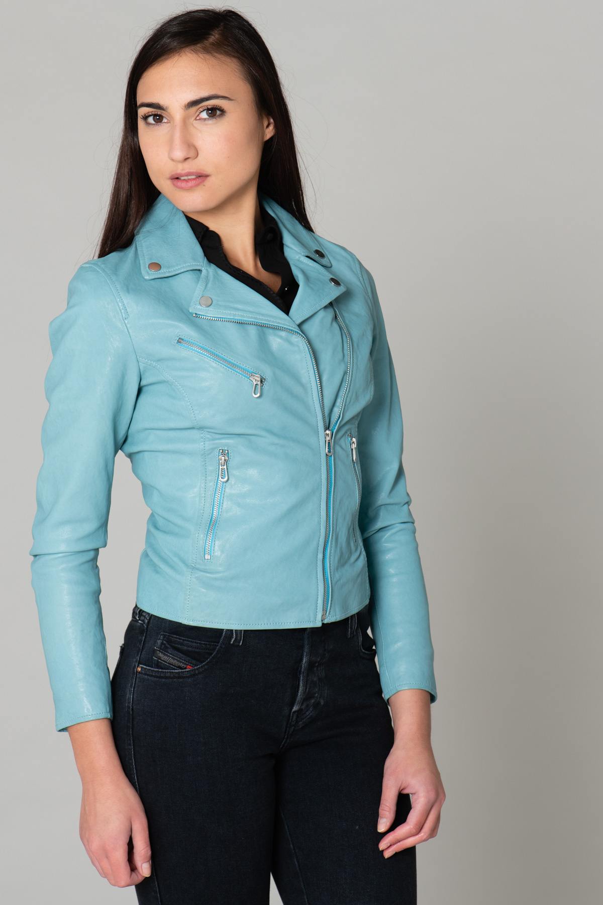 Biker Jacket in light blue lambskin - Image n°3