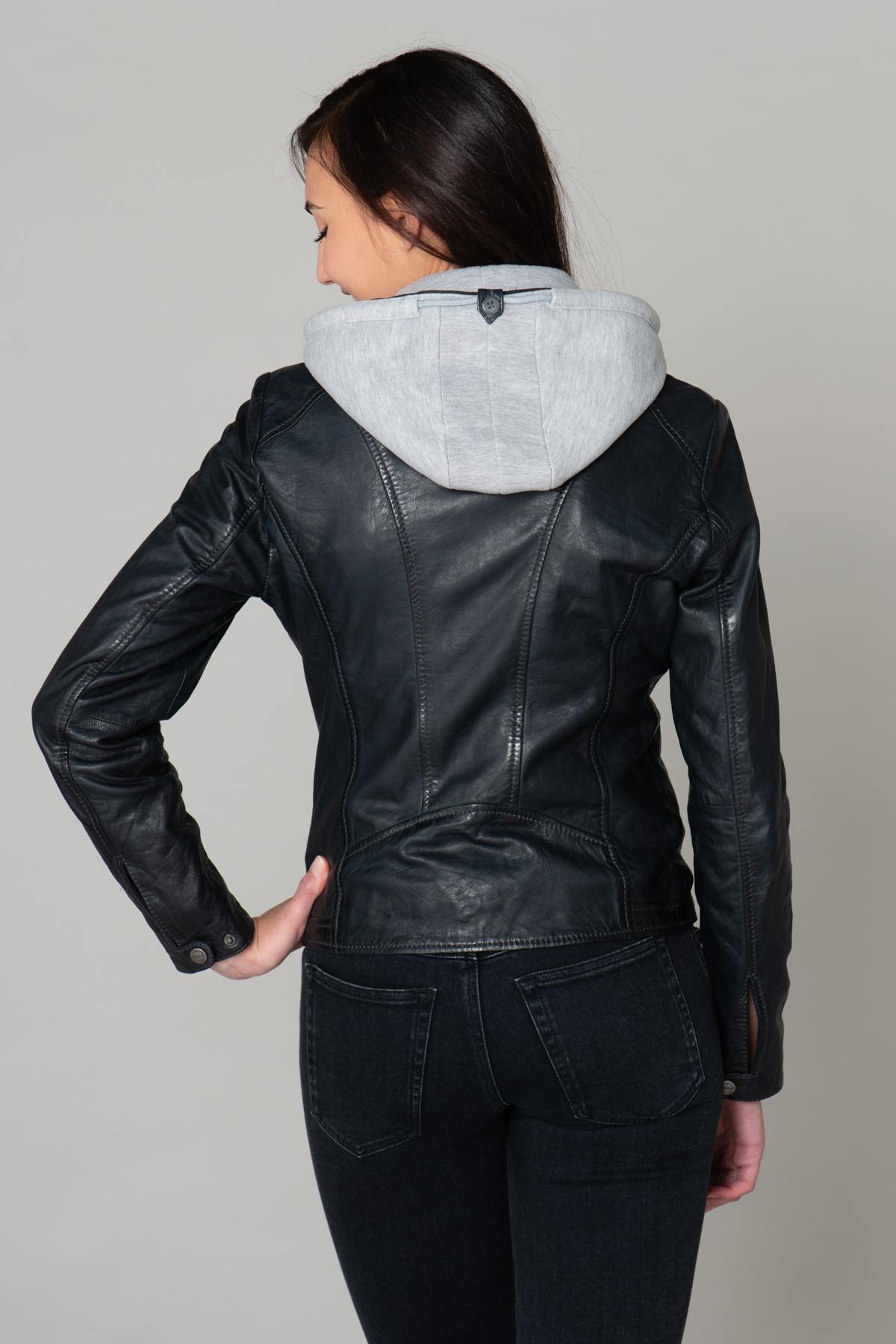 Blue leather jacket with hood - Image n°6