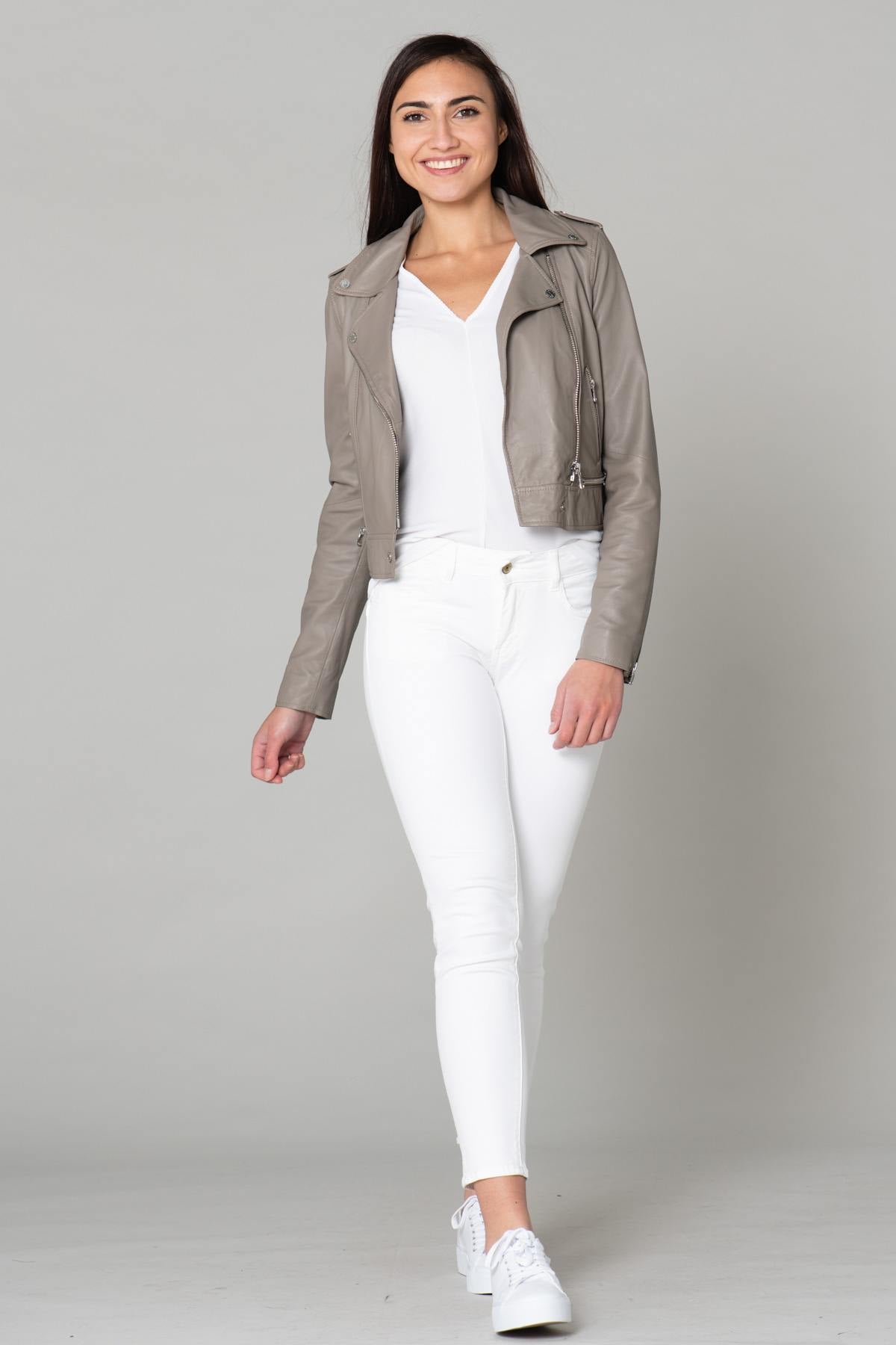 Short Biker Jacket in beige smooth leather - Image n°2