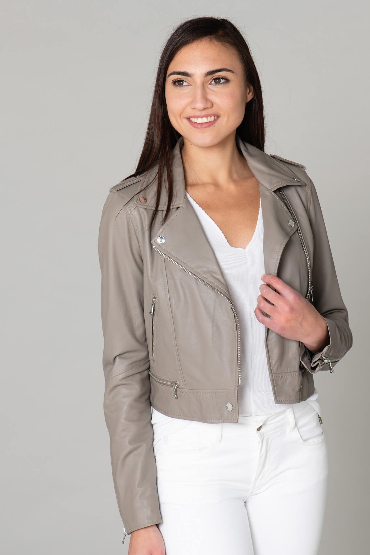 Short Biker Jacket in beige smooth leather - Image n°1