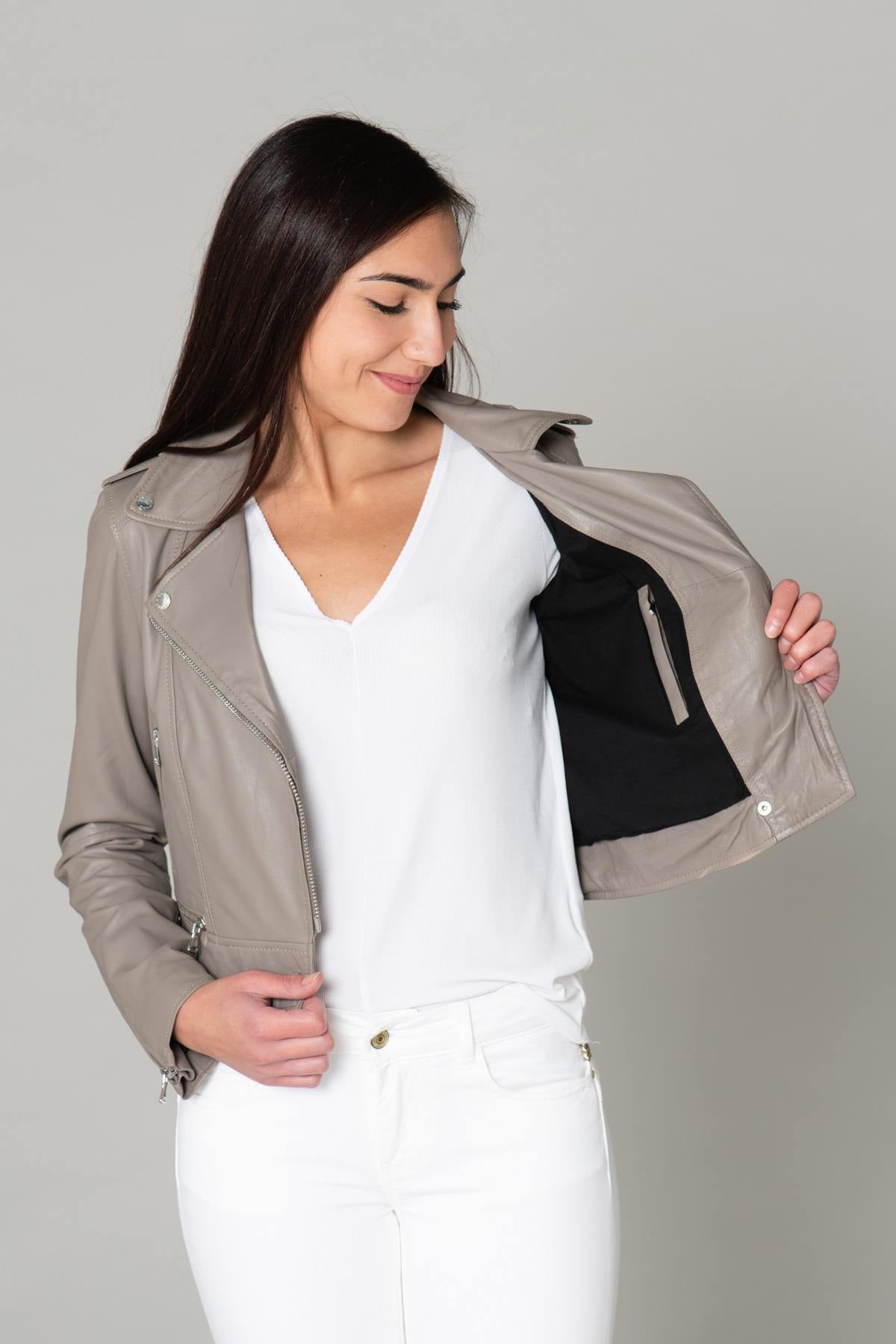 Short Biker Jacket in beige smooth leather - Image n°4